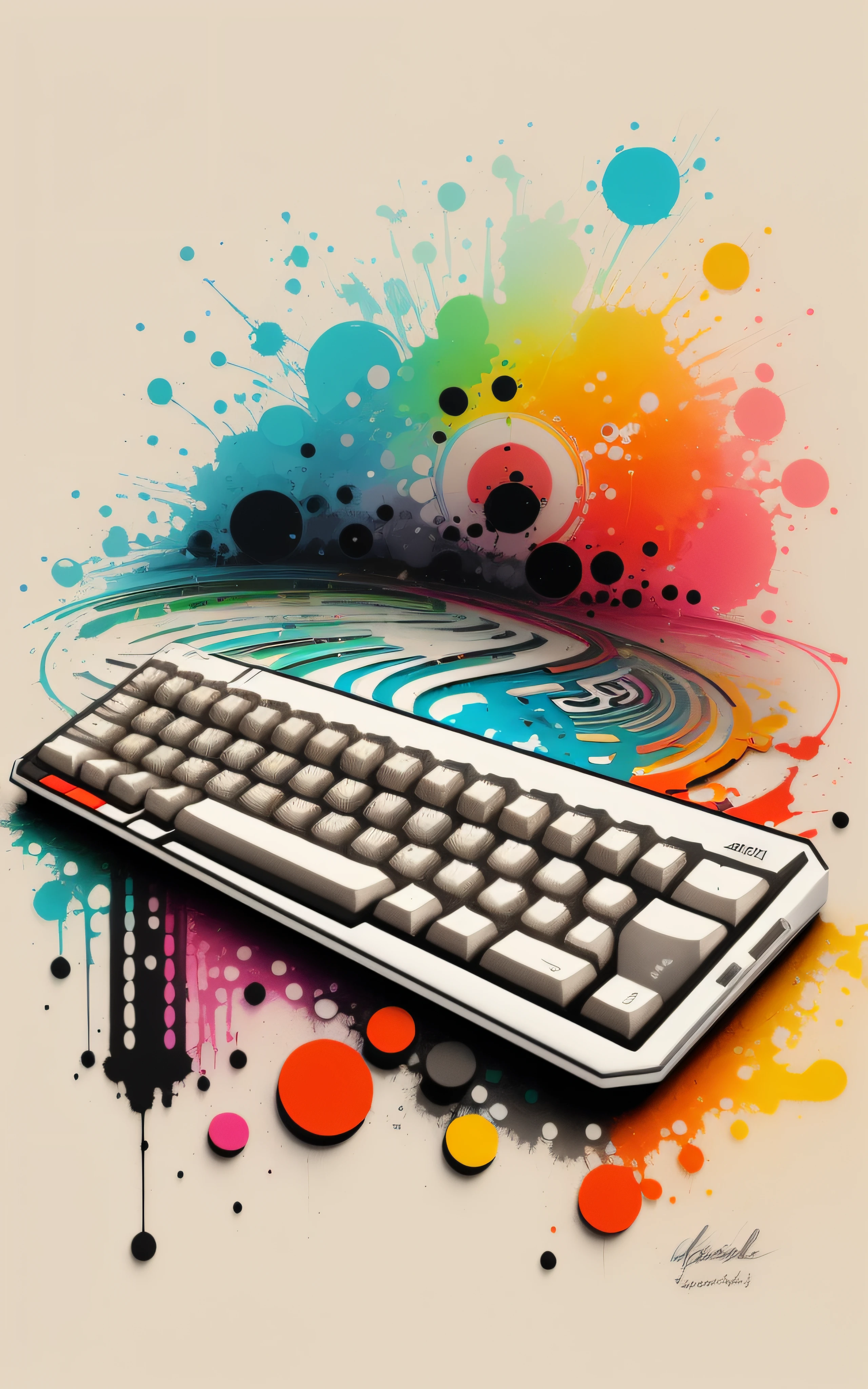 There's a computer keyboard with a colorful splash of paint on it, in illustration style digital, Artistic illustration, arte digital colorida, arte digital expressiva, estilo de arte digital, arte do Adobe Illustrator, intrincada pintura digital, arte digital elaborada, arte digital inspiradora, mixed media style illustration, fabulous illustrations, pintura digital | intrincado, em estilo de pintura digital, estilo de arte impressionante