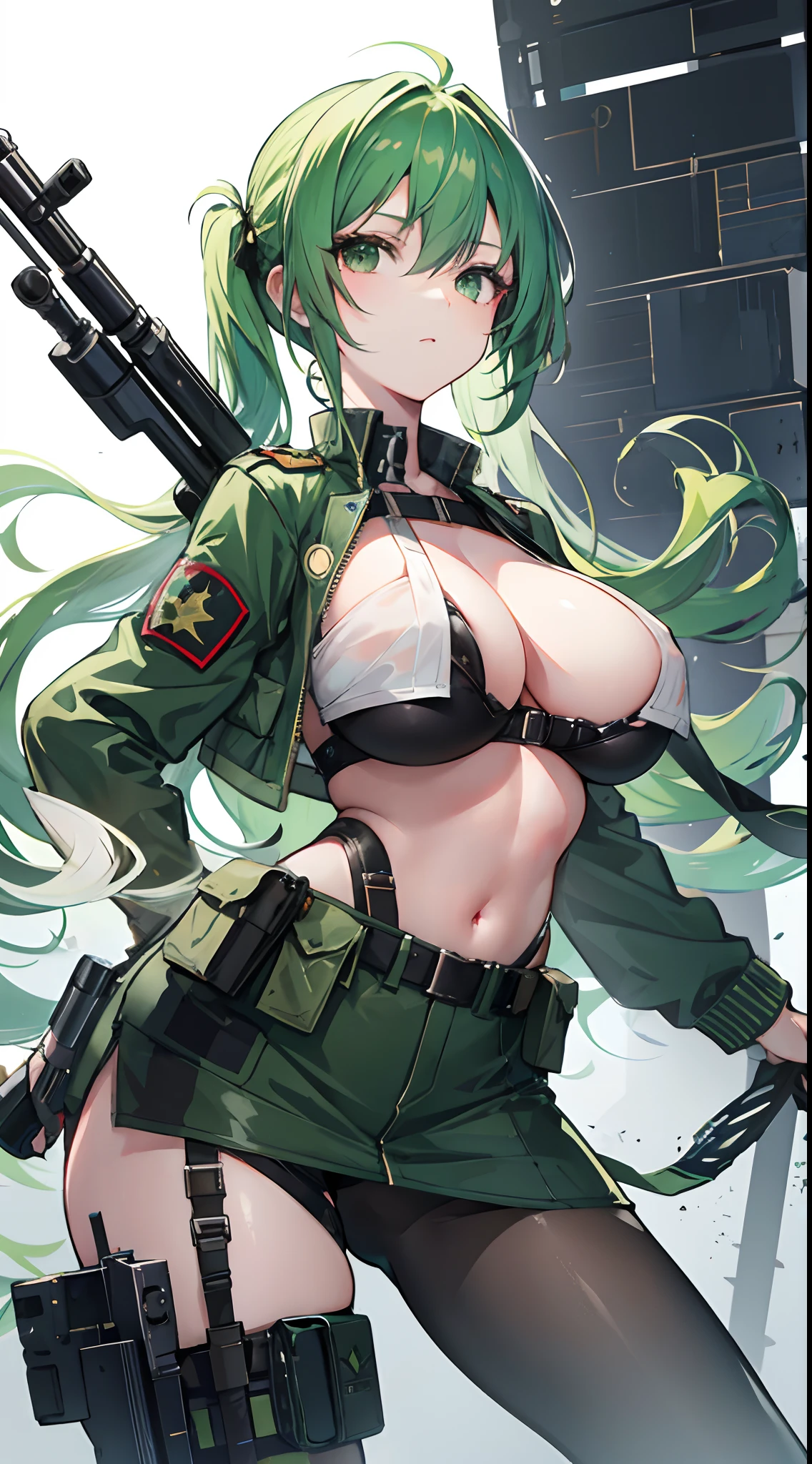 1girl, green hair, green eyes, big boobs, gun, sniper, military, war