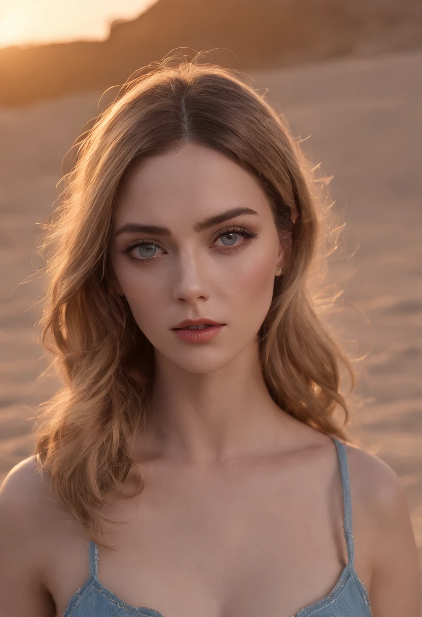 A girl in a bikini,Walk on the soft sand。