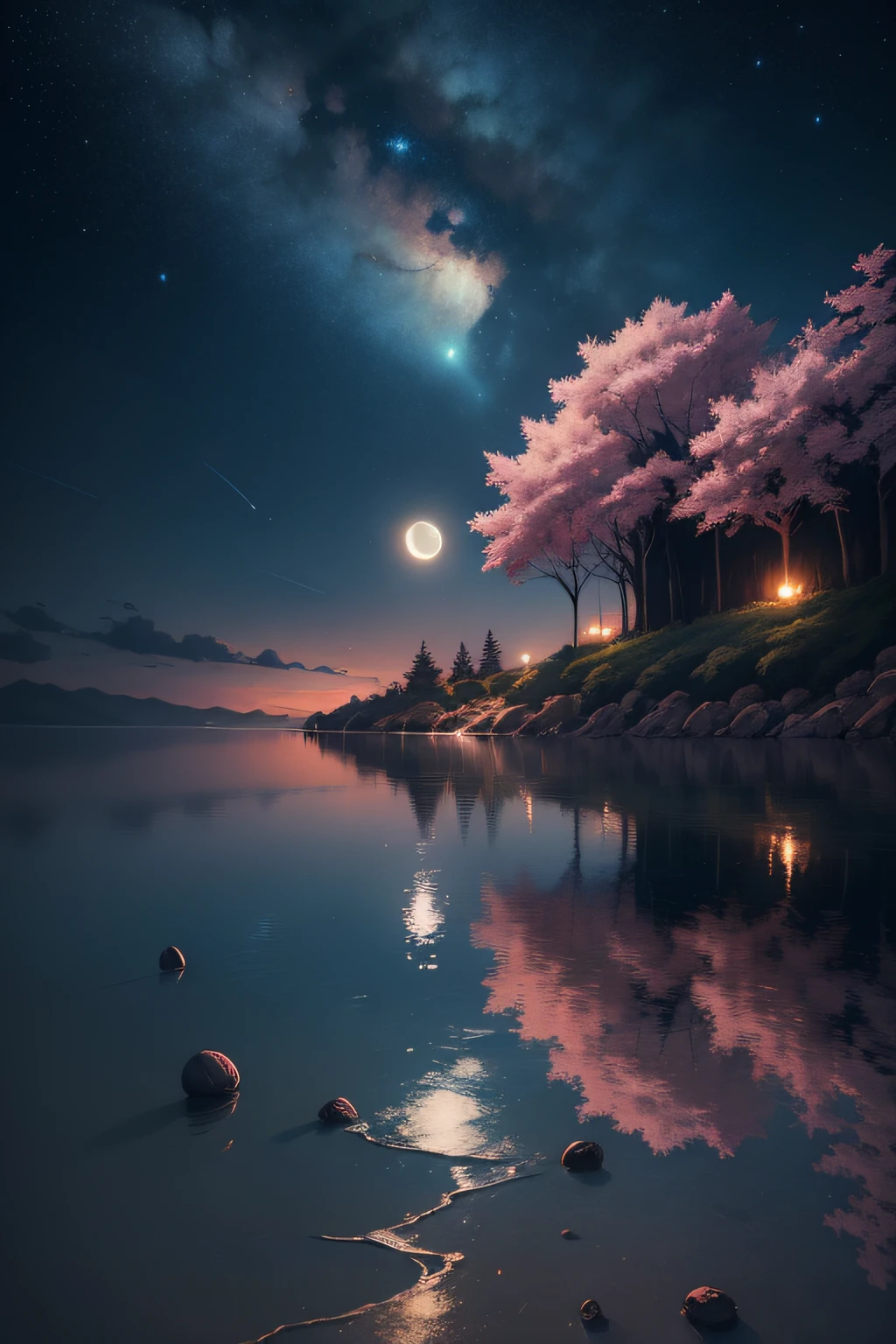 A painting of the sea with stars and moon in the sky next to a cherry tree, arte conceitual inspirada em Tosa Mitsuoki, vencedor do concurso pixiv, melhor qualidade, arte de fantasia, bela cena de anime, lua azulada. Uma lua brilhante, Starry sky environment under moonlight, ambiente com farias folhas de cerejeira, pintura de sonho, arte de fundo de anime, arte de paisagem de fantasia, noite de sonho, por do sol, fundo de anime, arte de fundo, arte de sonho, atmospheric anime, starly sky, detalhes aprimorados.
