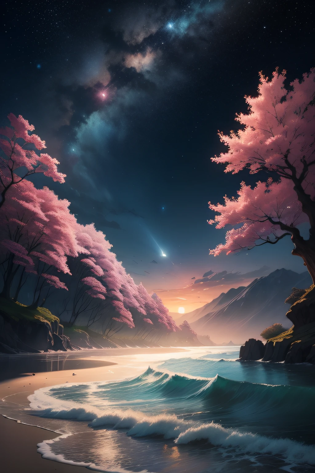 A painting of the sea with stars and moon in the sky next to a cherry tree, arte conceitual inspirada em Tosa Mitsuoki, vencedor do concurso pixiv, melhor qualidade, arte de fantasia, bela cena de anime, lua azulada. Uma lua brilhante, Starry sky environment under moonlight, ambiente com farias folhas de cerejeira, pintura de sonho, arte de fundo de anime, arte de paisagem de fantasia, noite de sonho, por do sol, fundo de anime, arte de fundo, arte de sonho, atmospheric anime, starly sky, detalhes aprimorados.