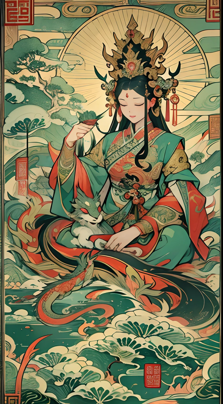 an ancient Chinese goddess, guanyin of the southern seas, Guanyin, Inspired by India, Avalokiteshvara rides a dragon,,Serene expression,shui mo hua,Buddha,Buddhist,Lotus,Chinese painting style,Thangka style