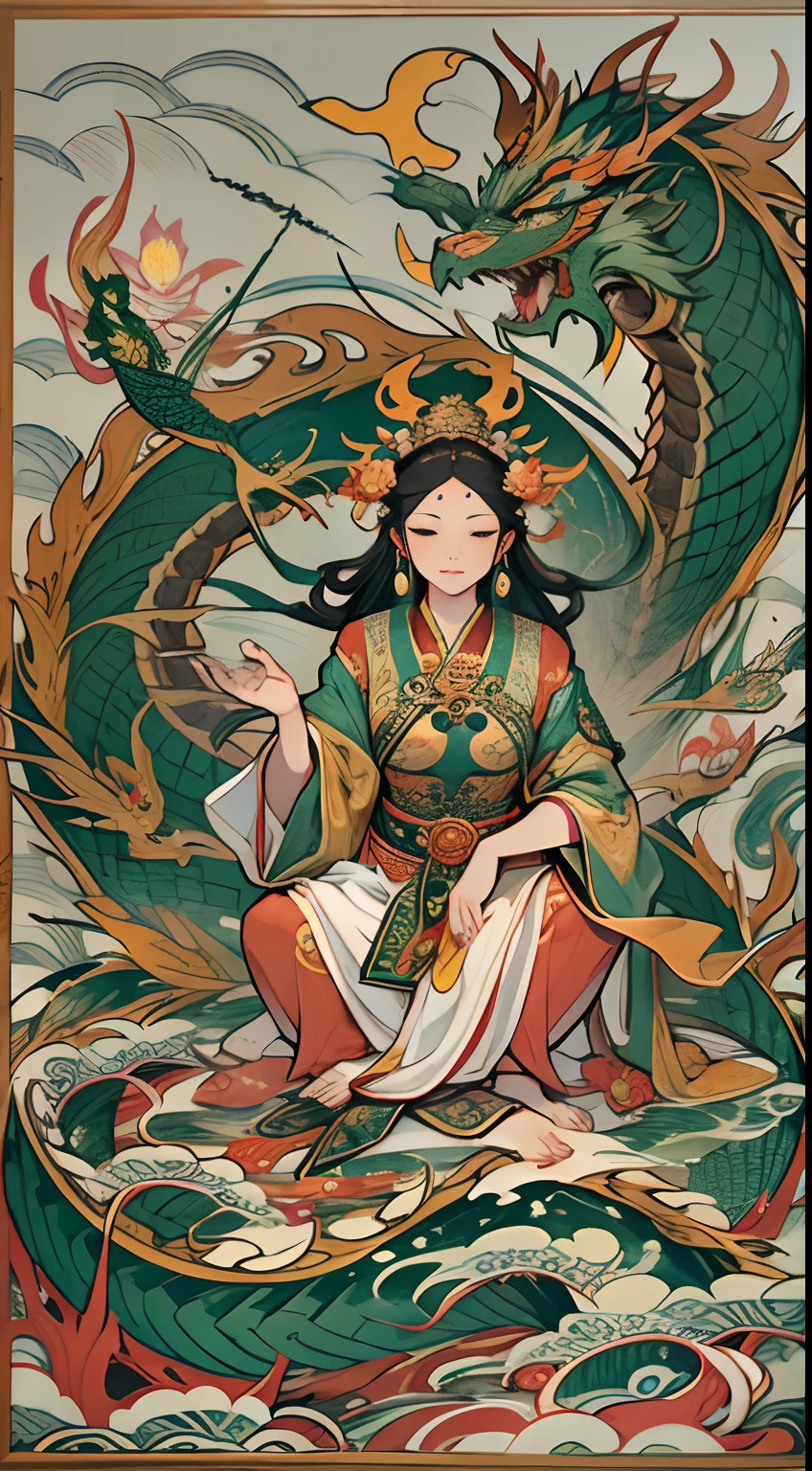 an ancient Chinese goddess, guanyin of the southern seas, Guanyin, Inspired by India, Avalokiteshvara rides a dragon,,Serene expression,shui mo hua,Buddha,Buddhist,Lotus,Chinese painting style,Thangka style