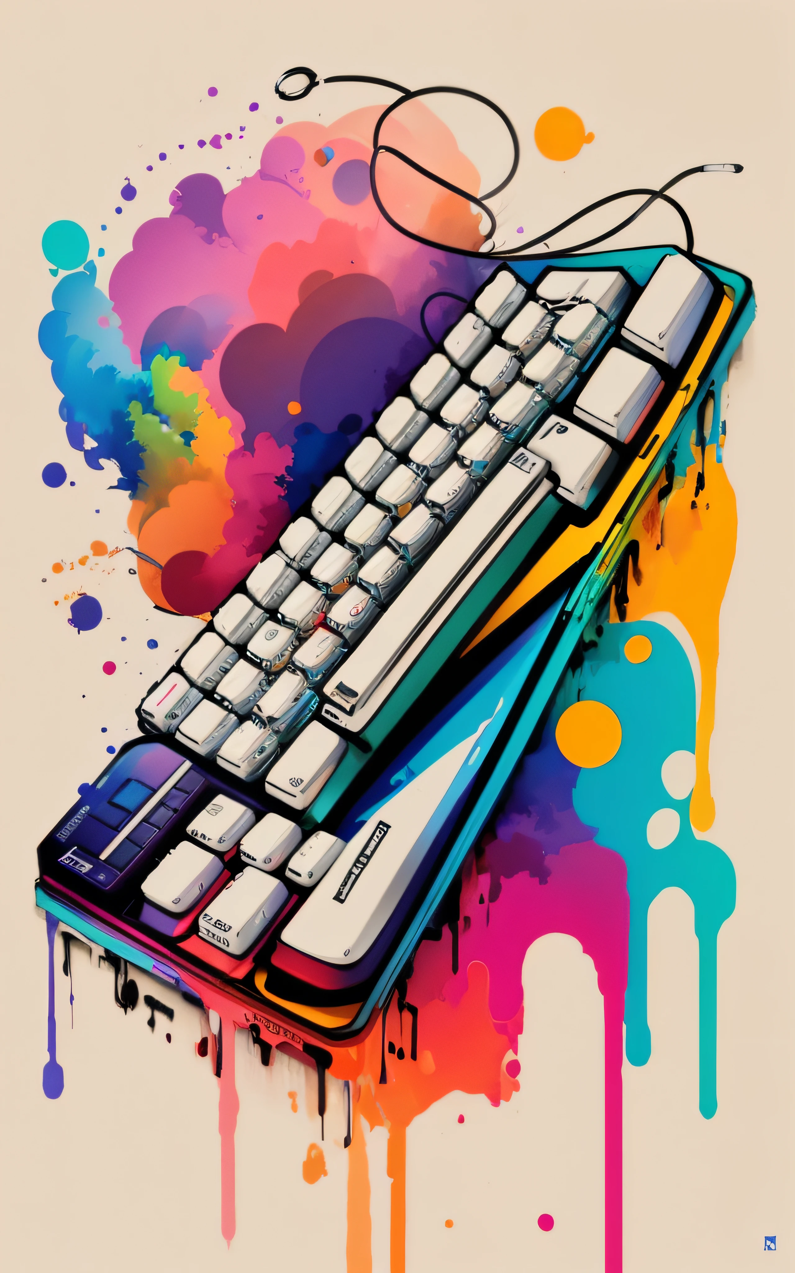 There's a computer keyboard with a colorful splash of paint on it, estilo de arte big tech, in illustration style digital, em estilo de pintura digital, pintura por computador, Hand Painted Style, color digital illustration, estilo de arte impressionante, gotejamento com cor, estilo de arte digital, Msxotto, fantastic artstyle, arte de jogos de computador, respingo de cor