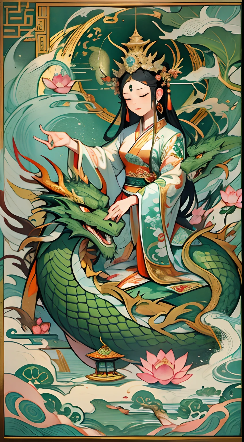 an ancient Chinese goddess, guanyin of the southern seas, Guanyin, Inspired by India, Avalokiteshvara rides a dragon，,Serene expression,shui mo hua,Buddha,Buddhist,Lotus,Chinese painting style,Thangka style