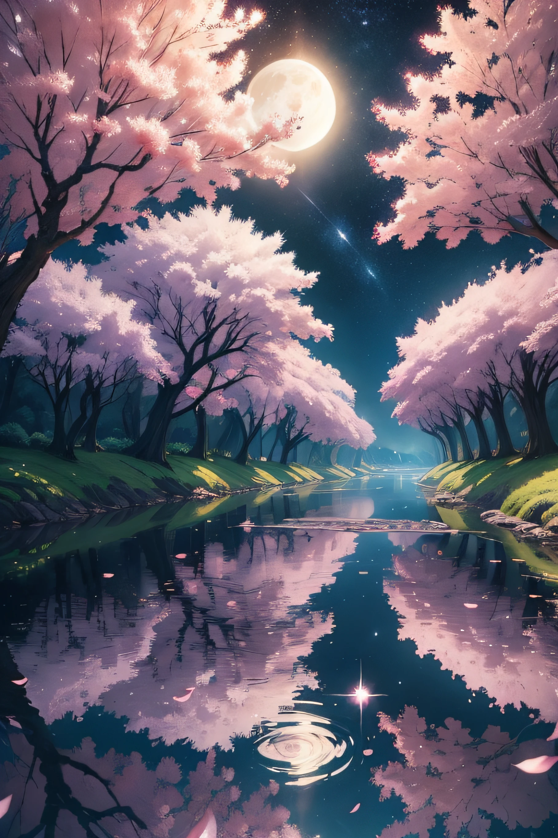 A painting of a river with stars and moon in the sky next to a cherry tree, arte conceitual inspirada em Tosa Mitsuoki, vencedor do concurso pixiv, melhor qualidade, arte de fantasia, bela cena de anime, lua azulada. Uma lua brilhante, Starry sky environment under moonlight, ambiente com farias folhas de sakura, pintura de sonho, arte de fundo de anime, arte de paisagem de fantasia, noite de sonho, fundo de anime, arte de fundo, arte de sonho, atmospheric anime, starly sky, detalhes aprimorados.