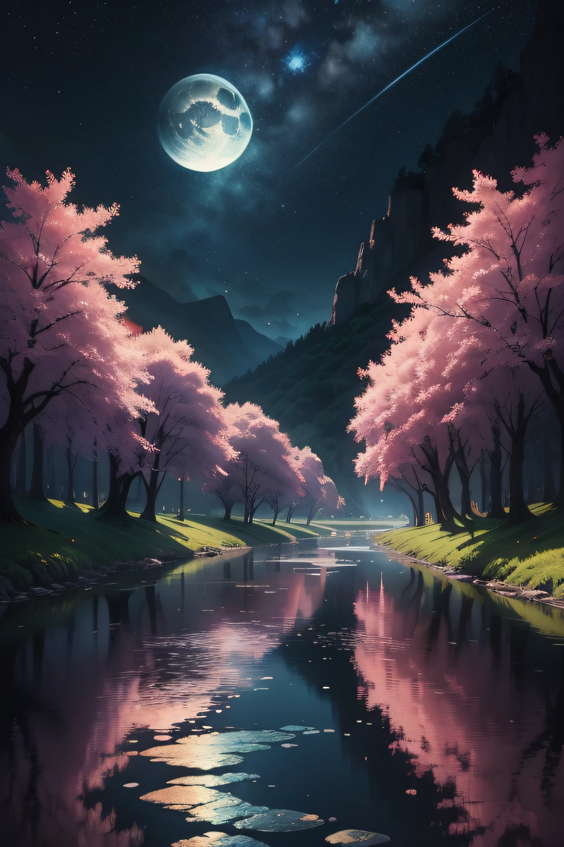 A painting of a river with stars and moon in the sky next to a cherry tree, arte conceitual inspirada em Tosa Mitsuoki, vencedor do concurso pixiv, melhor qualidade, arte de fantasia, bela cena de anime, lua azulada. Uma lua brilhante, Starry sky environment under moonlight, ambiente com farias folhas de sakura, pintura de sonho, arte de fundo de anime, arte de paisagem de fantasia, noite de sonho, fundo de anime, arte de fundo, arte de sonho, atmospheric anime, starly sky, detalhes aprimorados.