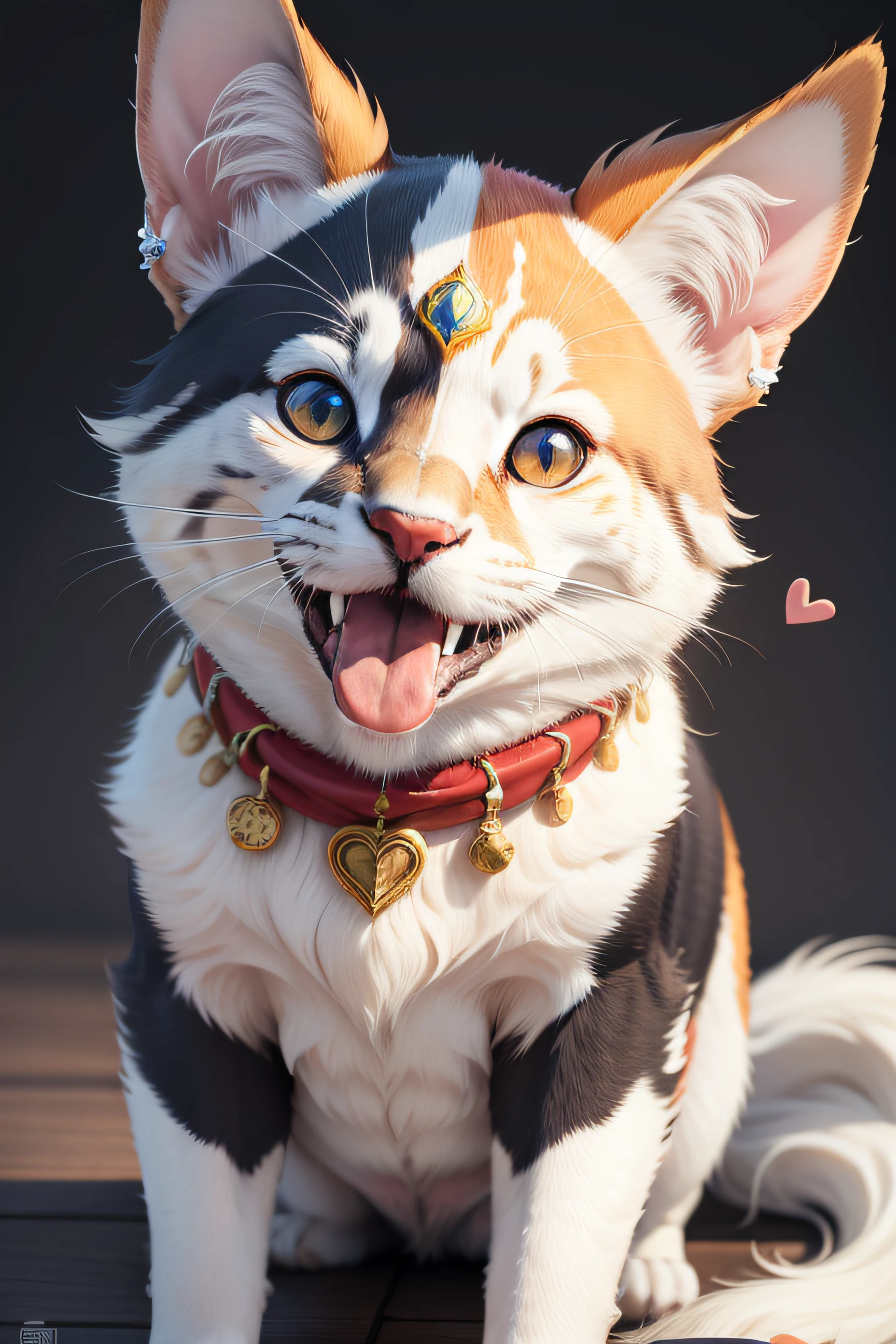 Niji Pride, solo, sorriso, boca aberta, cauda, Heart, tongue, tongue stickout, estrela (simbol), coleira, sem humanos, brilho, presas, olhando para cima, cane, foco animal, olhos brilhantes, fof