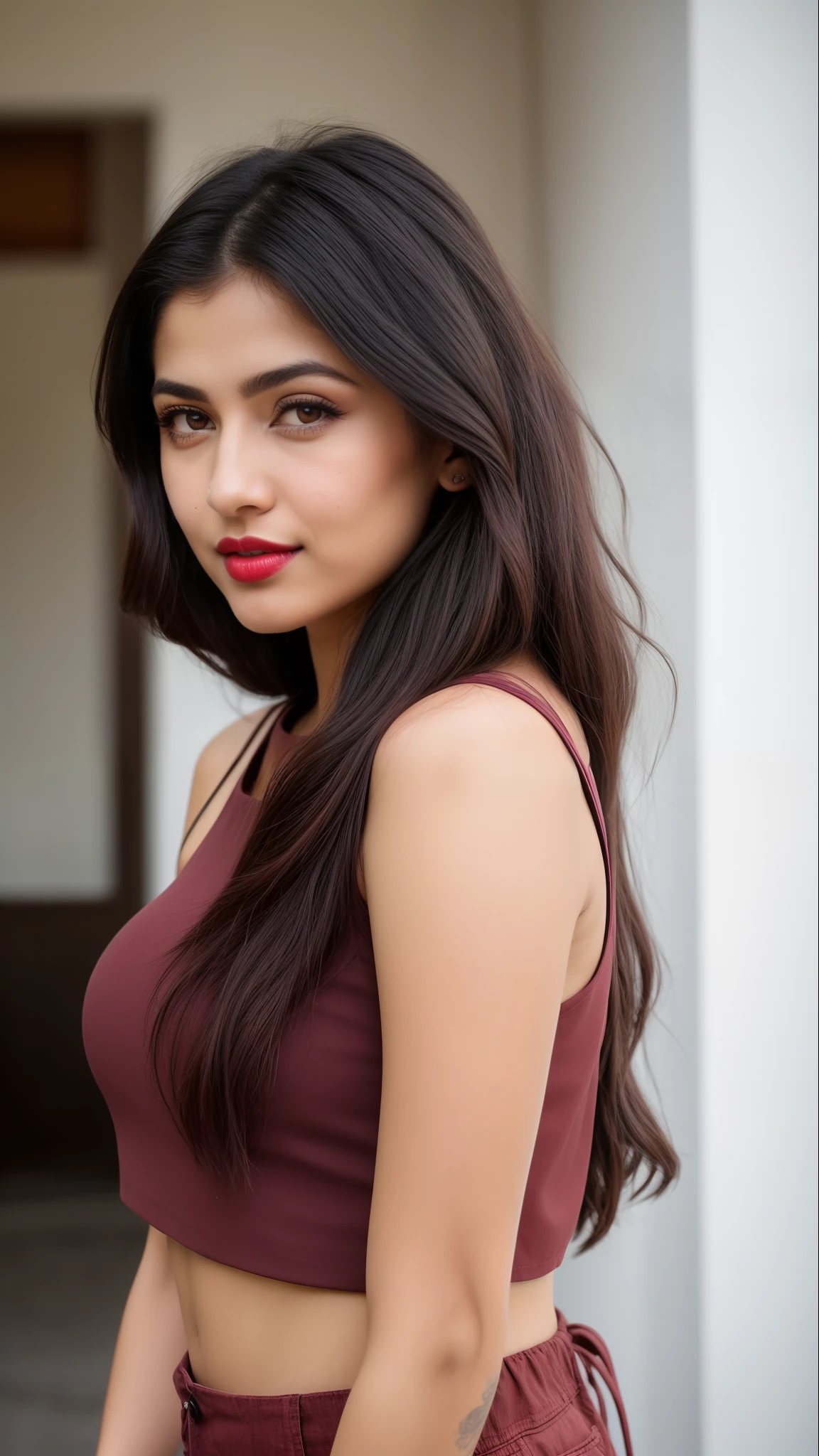 ((RAW, analog style)), face, extremely detailed full body color photo of a 25 y.o girl, beautiful face, beautiful eyes, ((small nose)), big natural lips, ((fabric crop top)), small breasts, slim body, outdoor, trees, ((film grain, skin details, high detailed skin texture, 8k hdr, dslr)), indian female model divya bharti, dark red lips, dark red lips, black color shorts