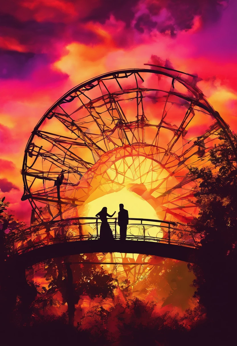A man and his girlfriend in an abandoned amusement park, sun sunset, You only see silhouettes of the man and the woman, colorful,(masterpiece, best quality, high quality, highres, ultra-detailed),
