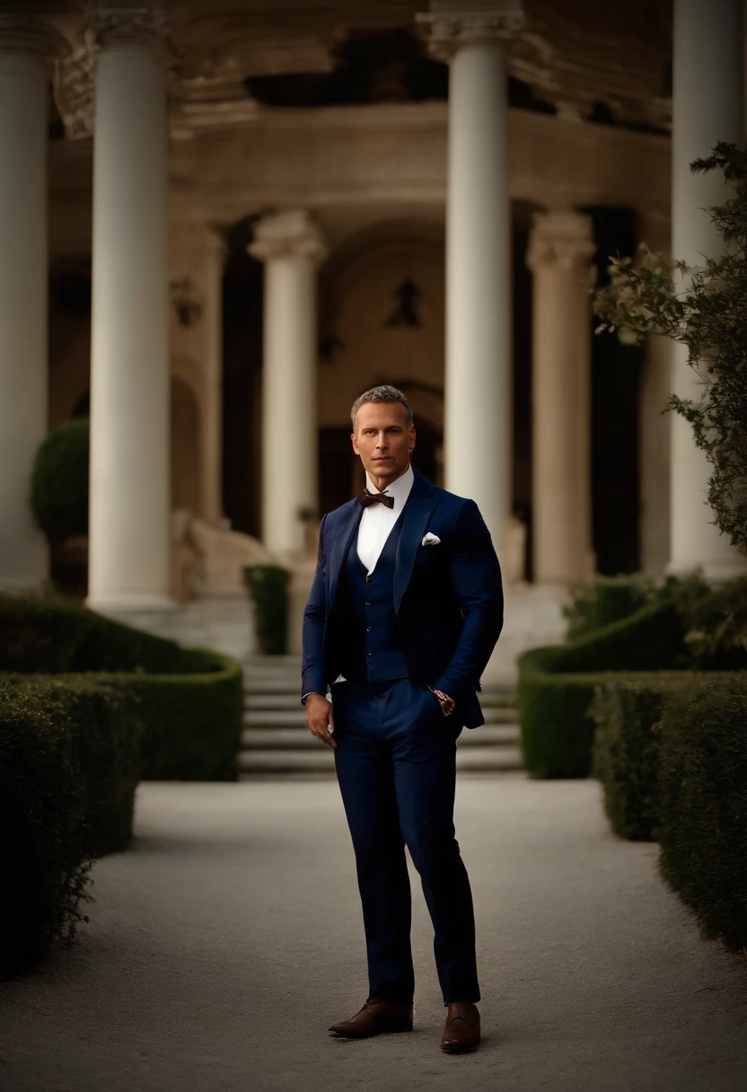 corps entier, wide-angle photo close-up portrait of the body of a handsome man , Grand et en forme, (40 ans:1.1), (shaven:1.2) , (very short brown hair and a little curly:1.5),(very short hair:1.6). (Tight suit in dark blue velvet:1.3). (posing outside the mansion with a luxury car:1.1),Cold and dark sunset at dusk, (Edge Light:1.1),(Concentrez-vous sur les yeux), (Regard fier), (hard light on the skin:1.2), (ombres dures, dark themed, Contraste profond:1.1), (photographie de portrait par Annie Liebovitz), Dark mint theme and choral aesthetics, (skin imperfections)