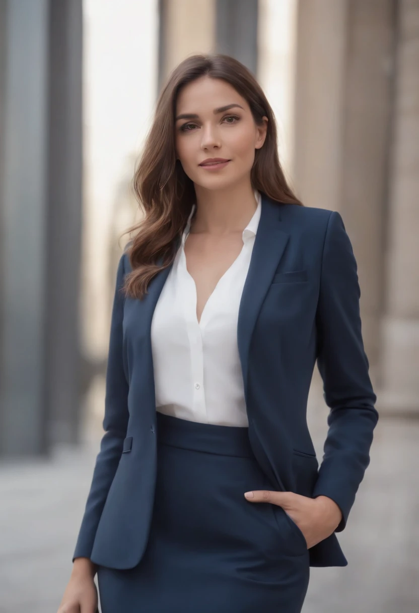 Imagem profissional de uma mulher profissional de 25 anos, Wear a navy blue casual business suit and skirt , and with open arms