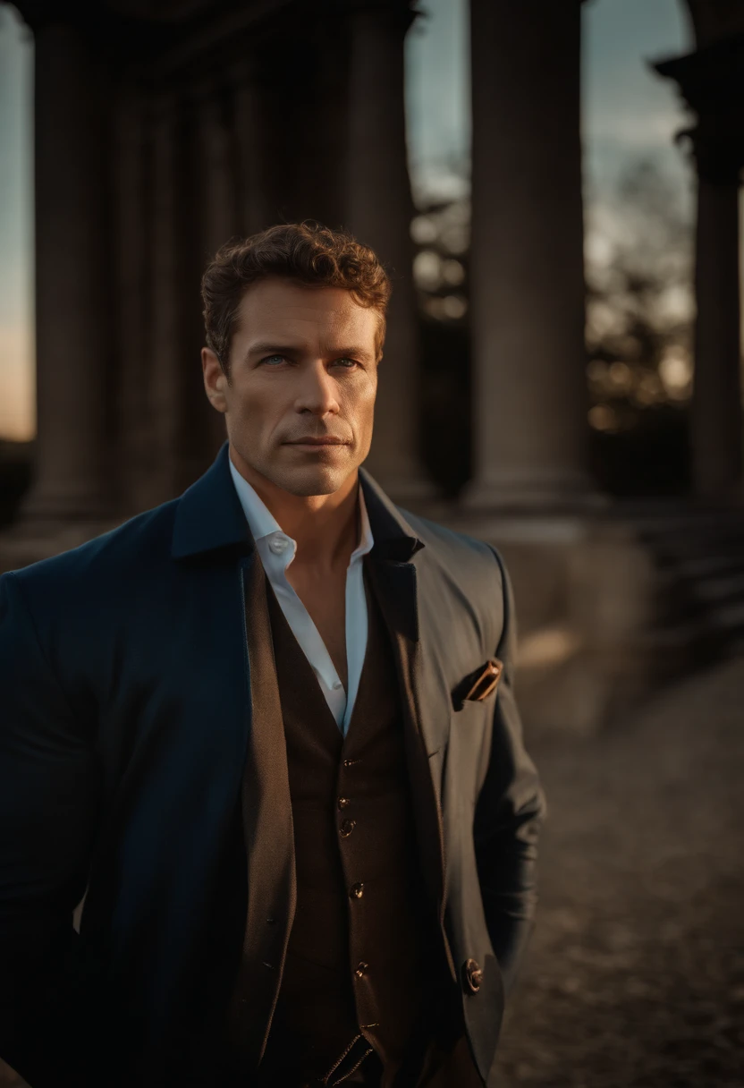 corps entier, wide-angle photo close-up portrait of the body of a handsome man , Grand et en forme, (40 ans:1.1), (shaven:1.2) , (very short brown hair and a little curly:1.5),(very short hair:1.6). (Tight suit in dark blue velvet:1.3). (posing outside the mansion with a luxury car:1.1),Cold and dark sunset at dusk, (Edge Light:1.1),(Concentrez-vous sur les yeux), (Regard fier), (hard light on the skin:1.2), (ombres dures, dark themed, Contraste profond:1.1), (photographie de portrait par Annie Liebovitz), Dark mint theme and choral aesthetics, (skin imperfections)