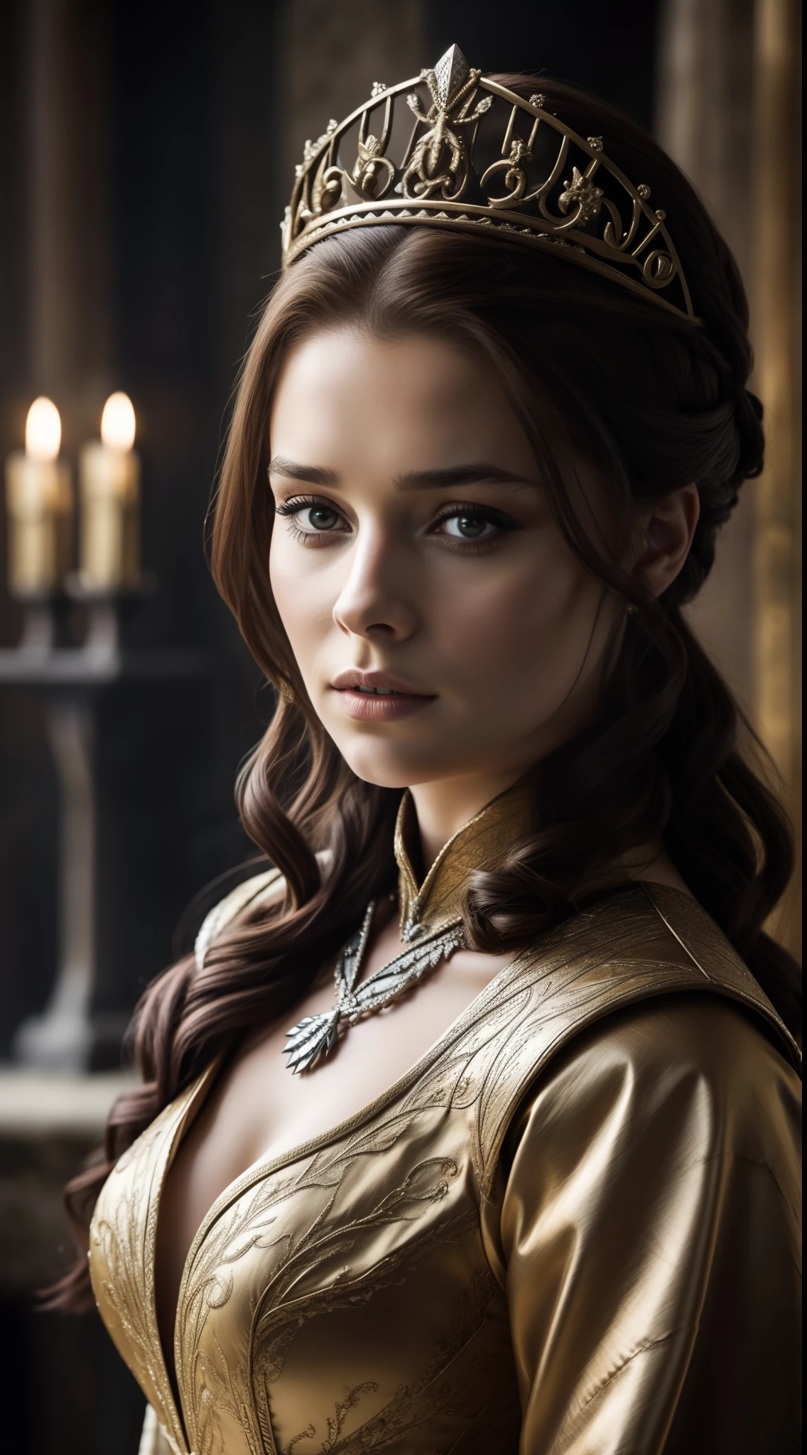 A beautiful woman, brunette hair, dressing like a queen, game of thrones, professional photography,
