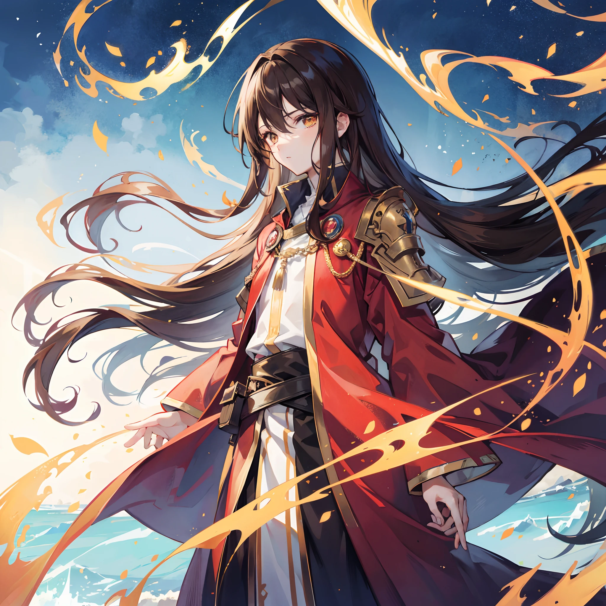 anime boy,long brown hair,golden eyes,old tarted robes,a floating grimore besides him