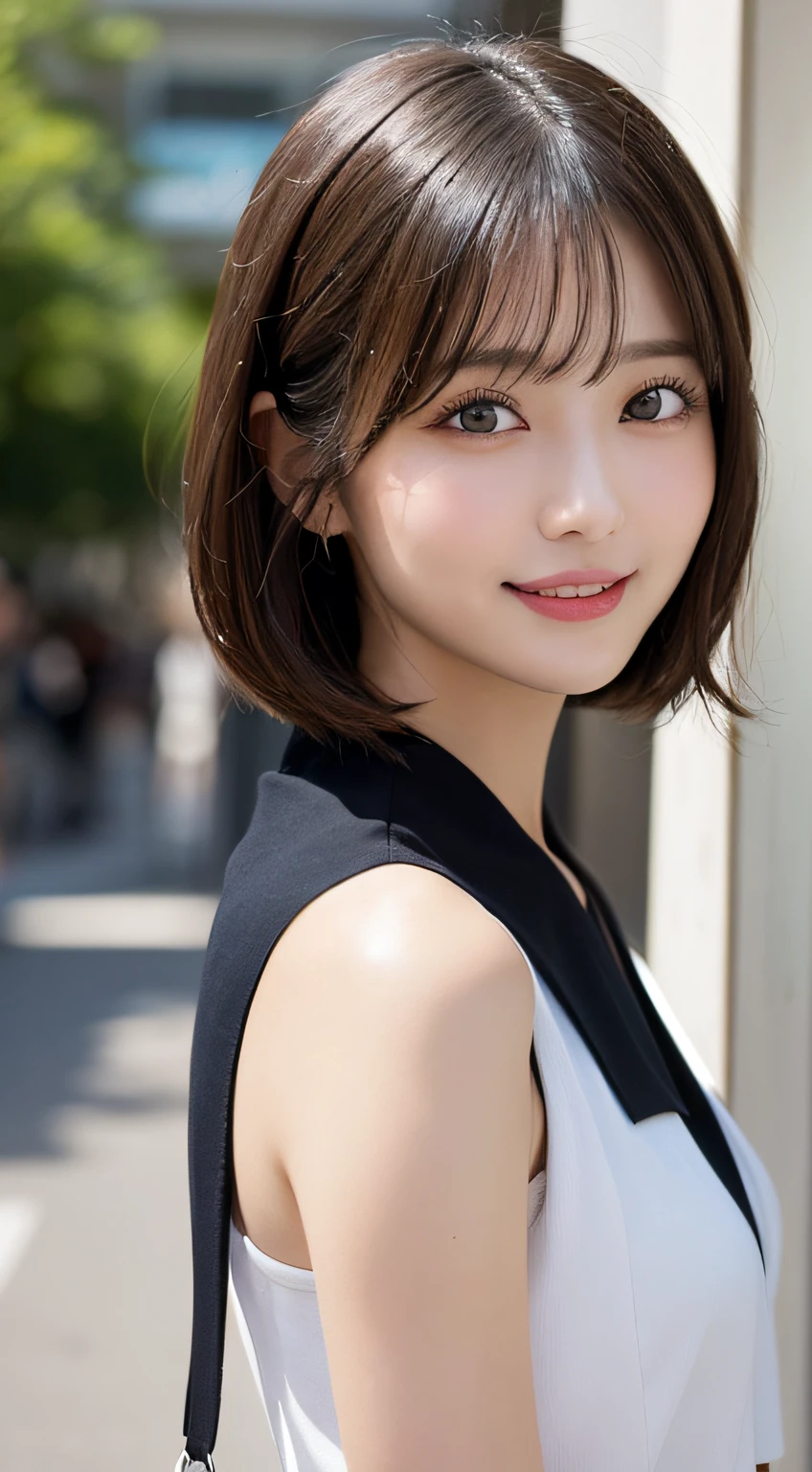 masutepiece, Best Quality, Illustration, Ultra-detailed, finely detail, hight resolution, 8K Wallpaper, Perfect dynamic composition, Beautiful detailed eyes, Women's Fashion,Short bob hair,Small natural color lip, Bold sexy po,Smile,Harajuku、20 years girl、Cute、Subject looking at sexy pose camera