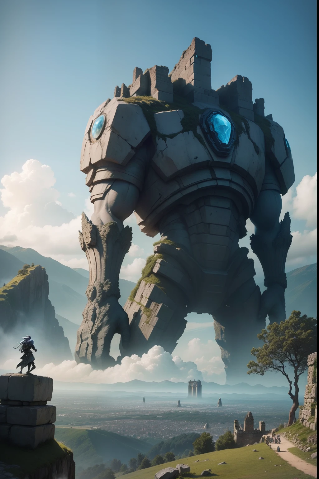 Giant stone monster with alien 'igena aspect, alien stone colossus, alien stone titan, destruction of medieval castle, vista de cima e de longe, Throwing Giant Stone