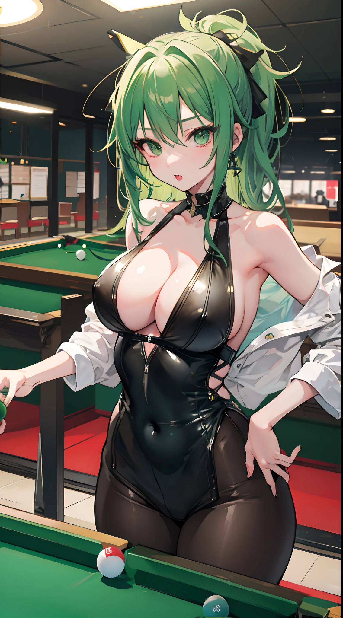 1girl, green hair, green eyes, big boobs, billiard, billiard table, billiar stick, saliva rail