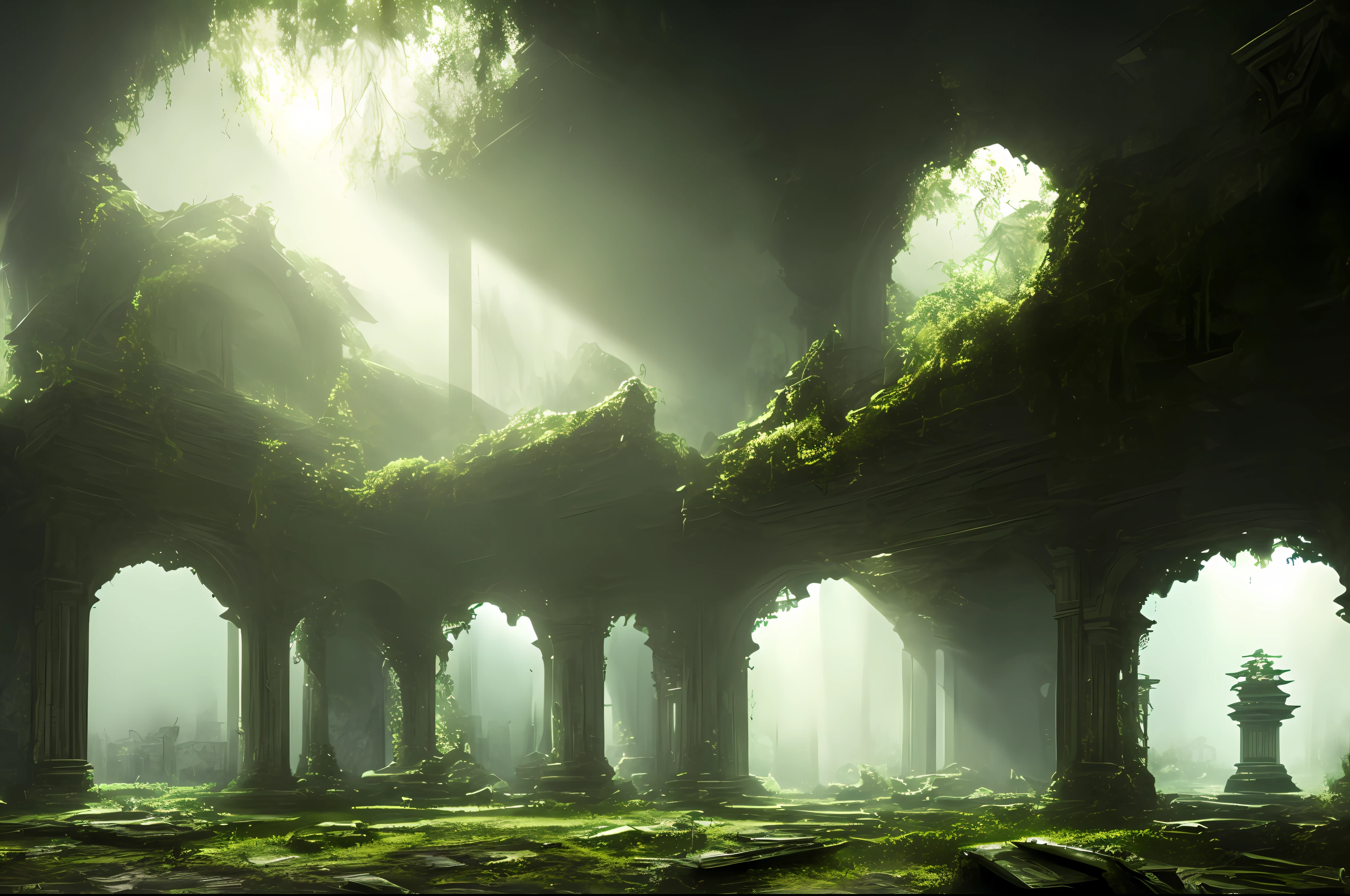 wallpaper, a ruined (mossy:0.8) temple interior, anime art, volumetric fog, fantasy, fantastic style, beam of light from window, cracked blackboard, deserted, old, volumetric lighting, depth of field, ambient occlusion, dramatic lighing, cinematic light