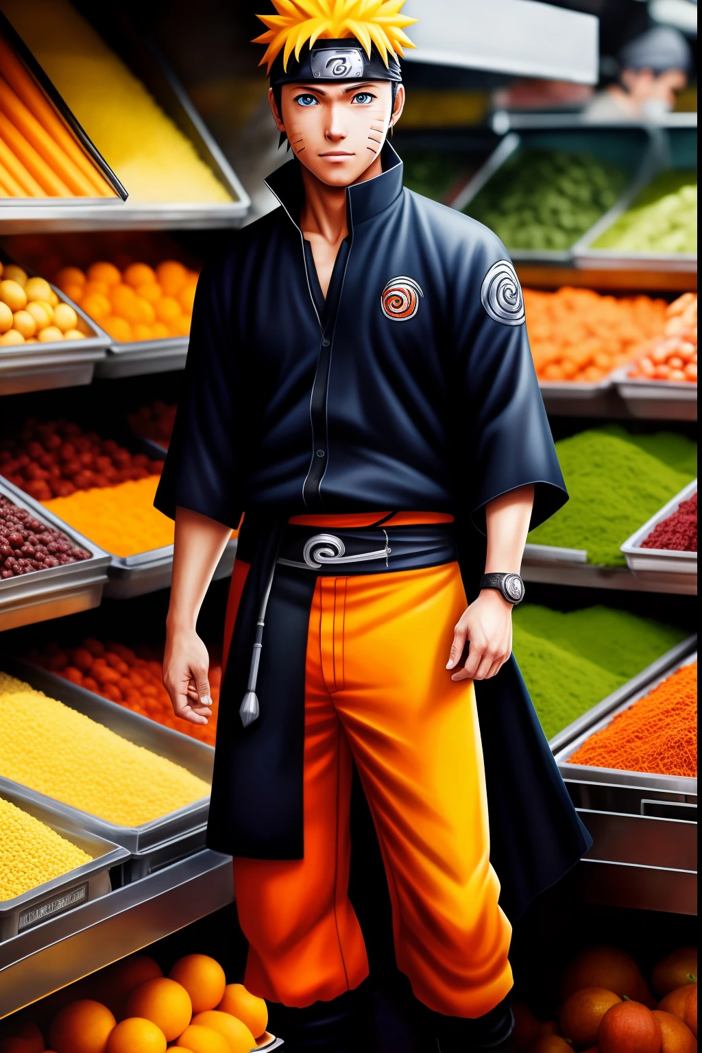 Naruto Working in The Market, full body, solo, male, realistic, detailed, perfect picture, Super High Resolution.