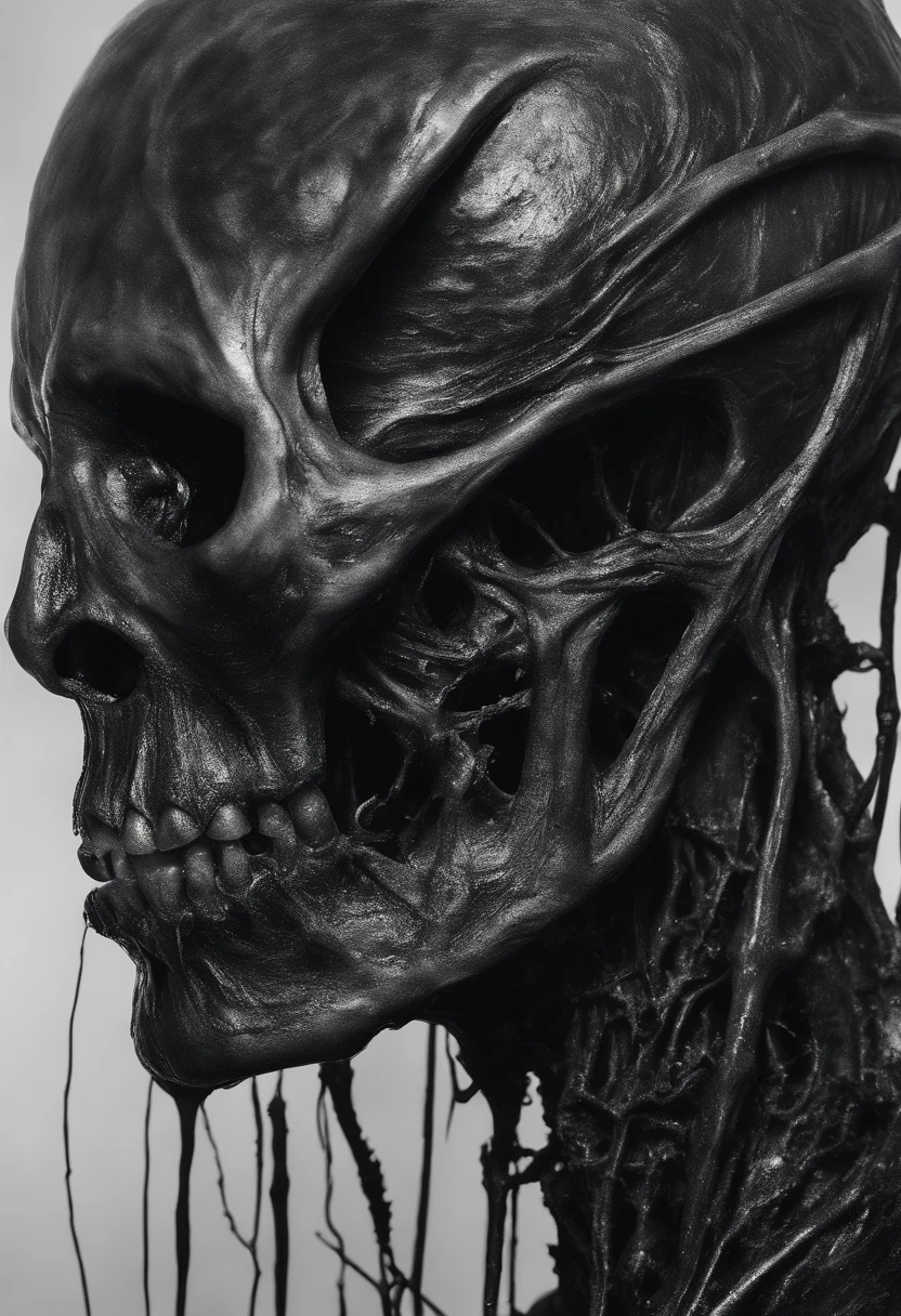 Photographic still of an alien, translucent skin, teeth dripping,, veins showing beneath it's skin, dark, onimous
