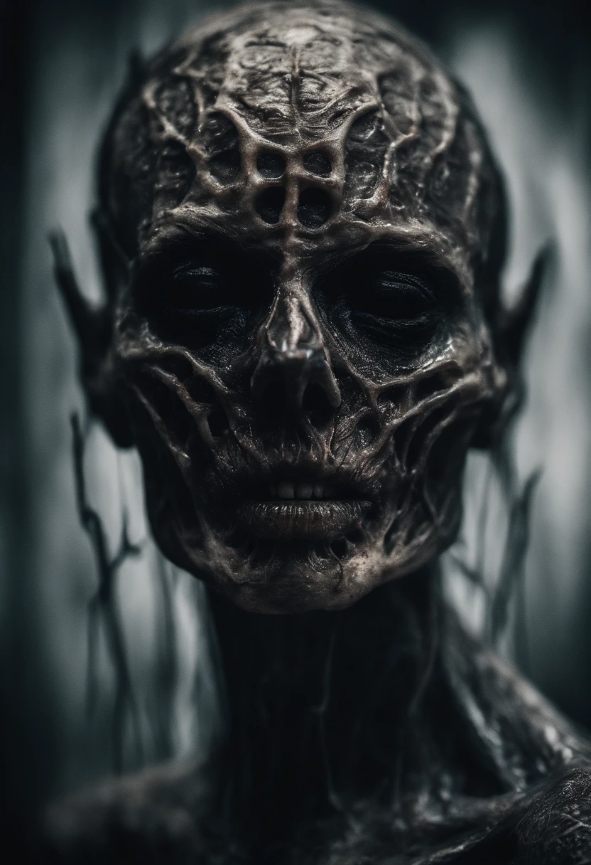 Photographic still of an alien, translucent skin, teeth dripping,, veins showing beneath it's skin, dark, onimous