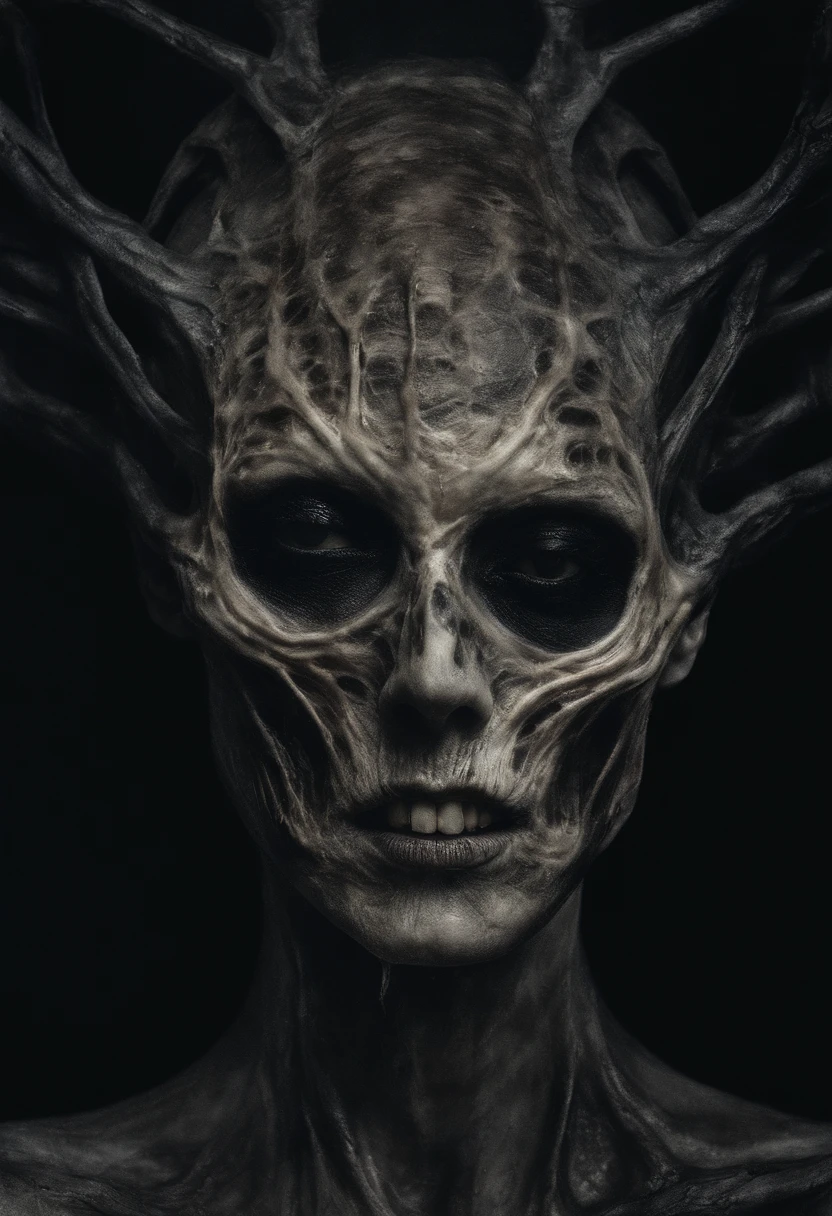 Photographic still of an alien, translucent skin, teeth dripping,, veins showing beneath it's skin, dark, onimous
