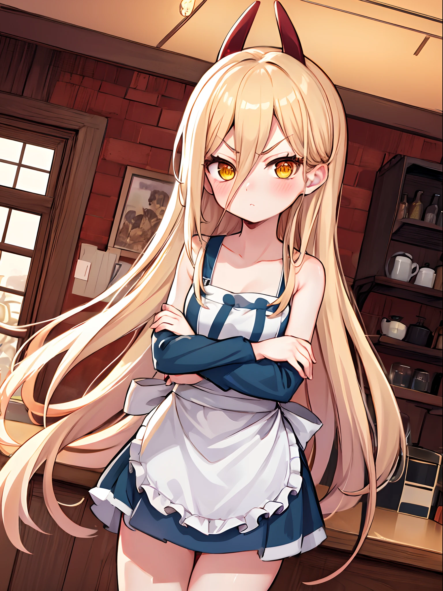 2D, master piece, best quality, (Lora_power), highly detailed, 1girl, Only, cowboy shot, a girl with yellow hair, apron, sleeveless, Naked,Tangled, blushing, scared, indoors, yellow hair, red pupil, yellow eyes, Power, arms crossed