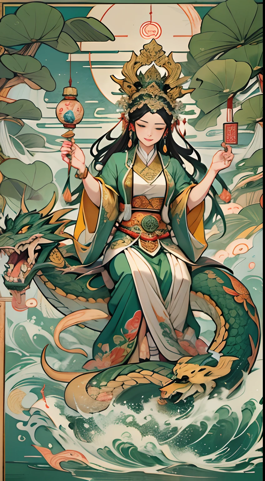 an ancient Chinese goddess, guanyin of the southern seas, Guanyin, Inspired by India, Avalokiteshvara rides a dragon，,Serene expression,shui mo hua,Buddha,Buddhist,Lotus,Chinese painting style,Thangka style