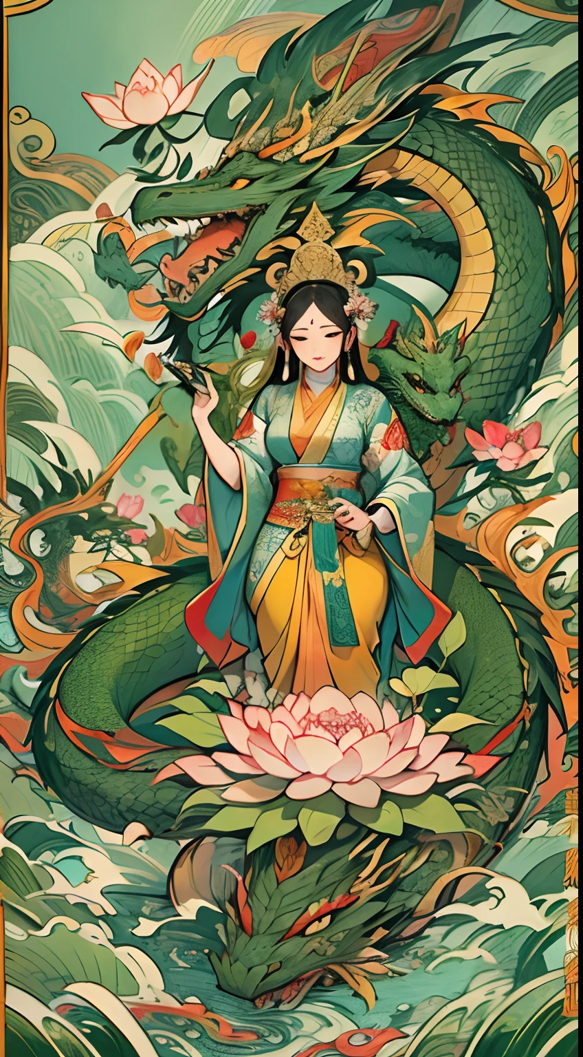 an ancient Chinese goddess, guanyin of the southern seas, Guanyin, Inspired by India, Avalokiteshvara rides a dragon,,Serene expression,shui mo hua,Buddha,Buddhist,Lotus,Chinese painting style,Thangka style