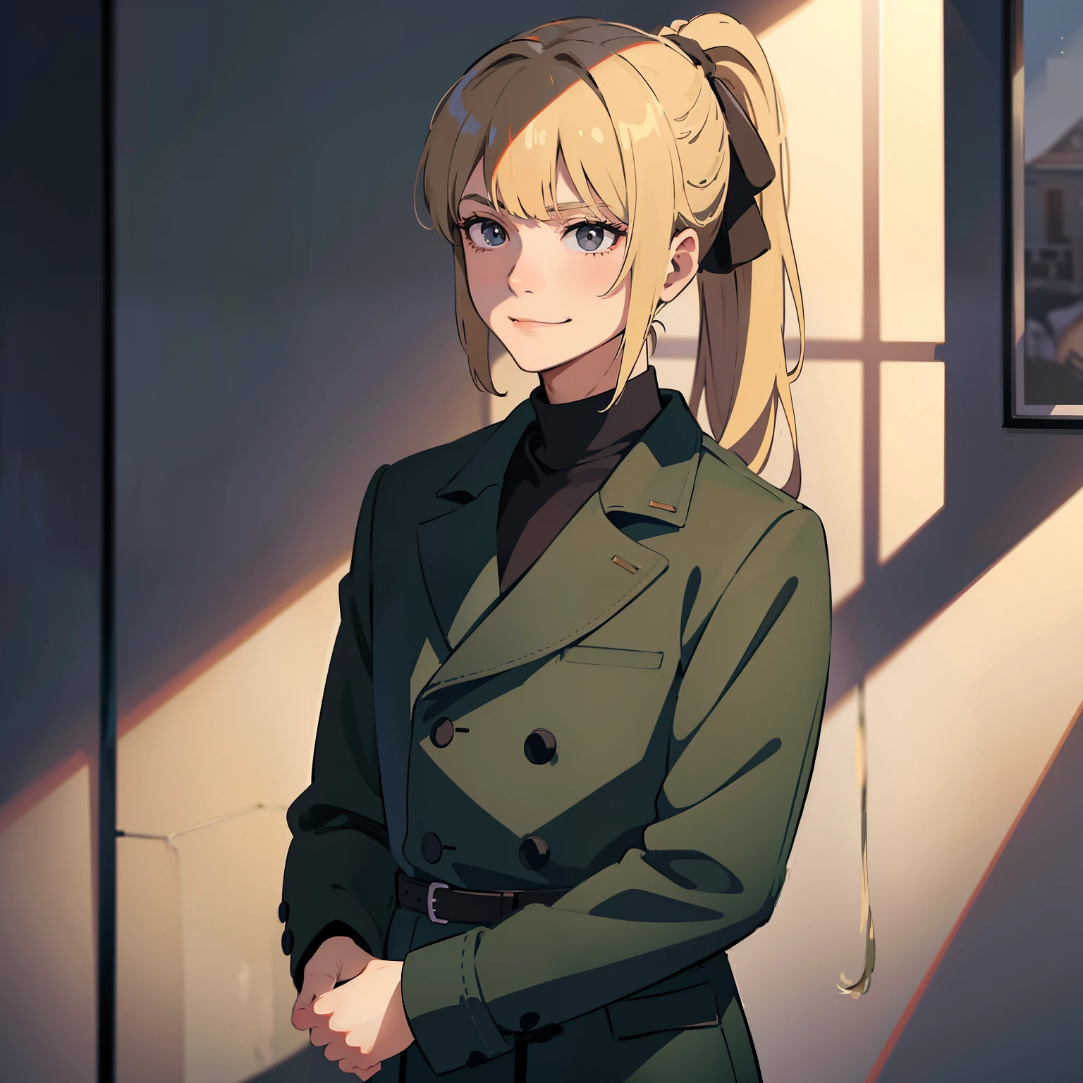 1 little boy, blonde man, hair in a ponytail, Long Split Bangs, gray eyes, black turtleneck, green coat, smirk, (Rich in detail), tmasterpiece, 独奏,illumination,Light,dinamic angle,Depth of field,light and shadow, Real Light and Shadow, diffuse reflection, Outstanding picture quality