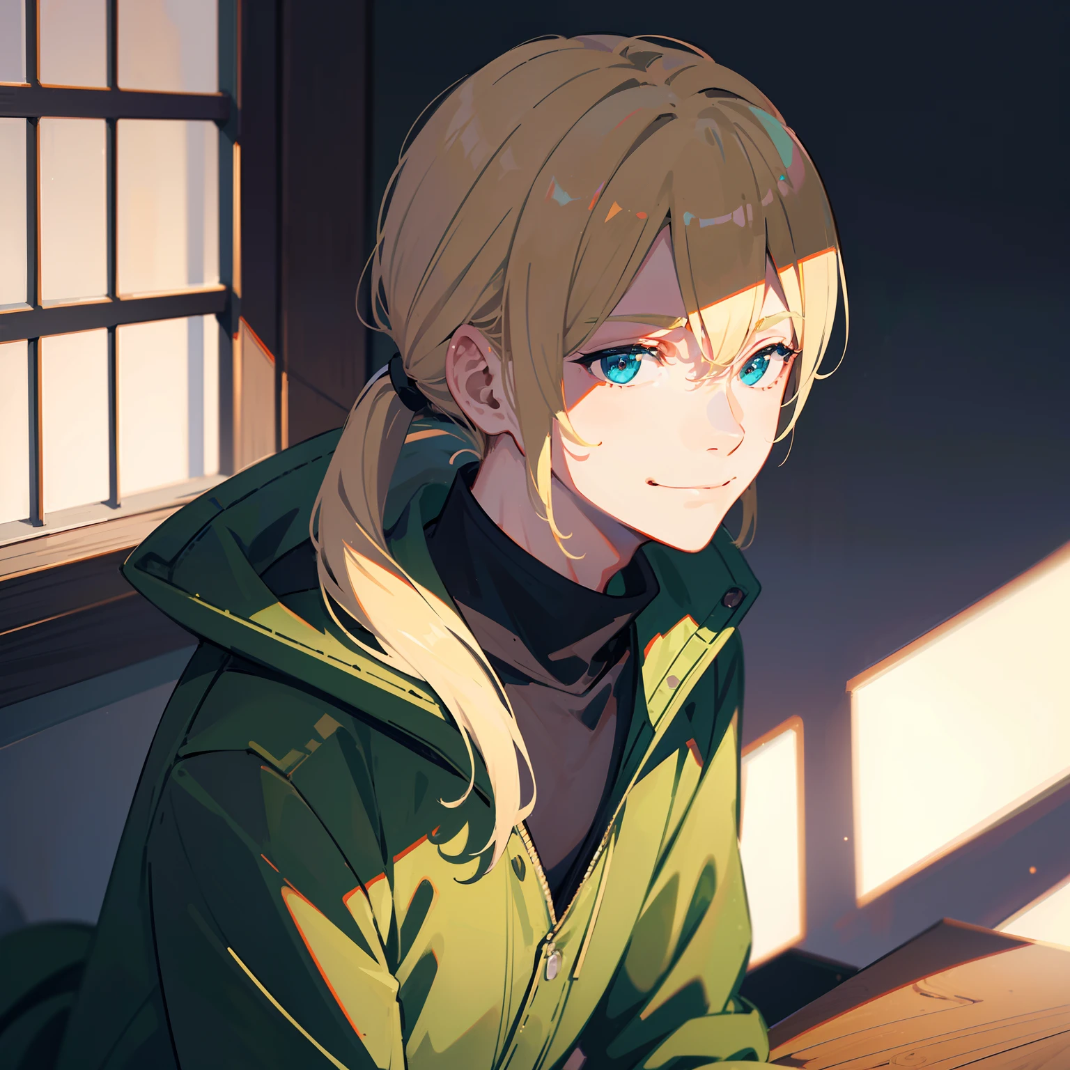 ung boy, blonde man, hair in a ponytail, Long Split Bangs, gray eyes, black turtleneck, green coat, smirk, (Rich in detail), tmasterpiece, 独奏,illumination,Light,dinamic angle,Depth of field,light and shadow, Real Light and Shadow, diffuse reflection, Outstanding picture quality