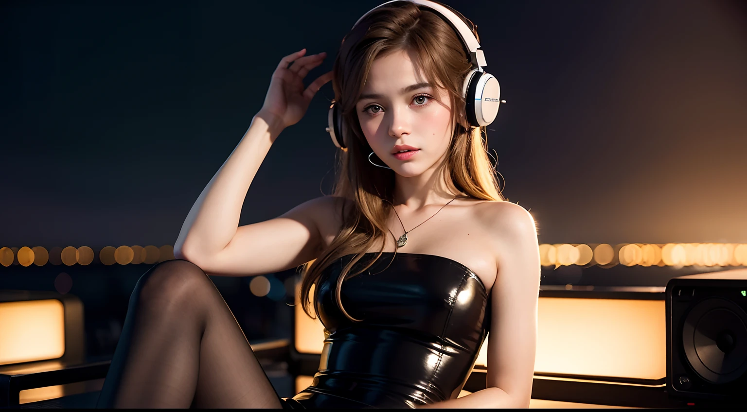 beautiful girl, 13 years old, tiny dress, dark tights, listening to music in headphones, lyrics around her head, hyperrealistic, best quality, high resolution, 8k, HDR