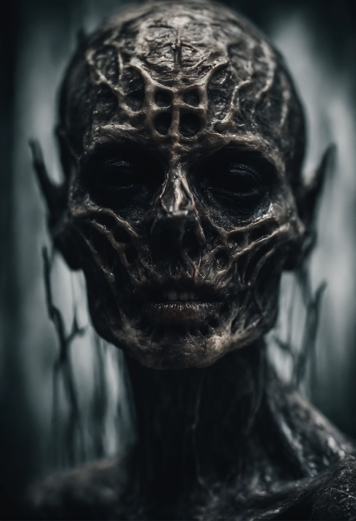 Photographic still of an alien, translucent skin, teeth dripping,, veins showing beneath it's skin, dark, onimous