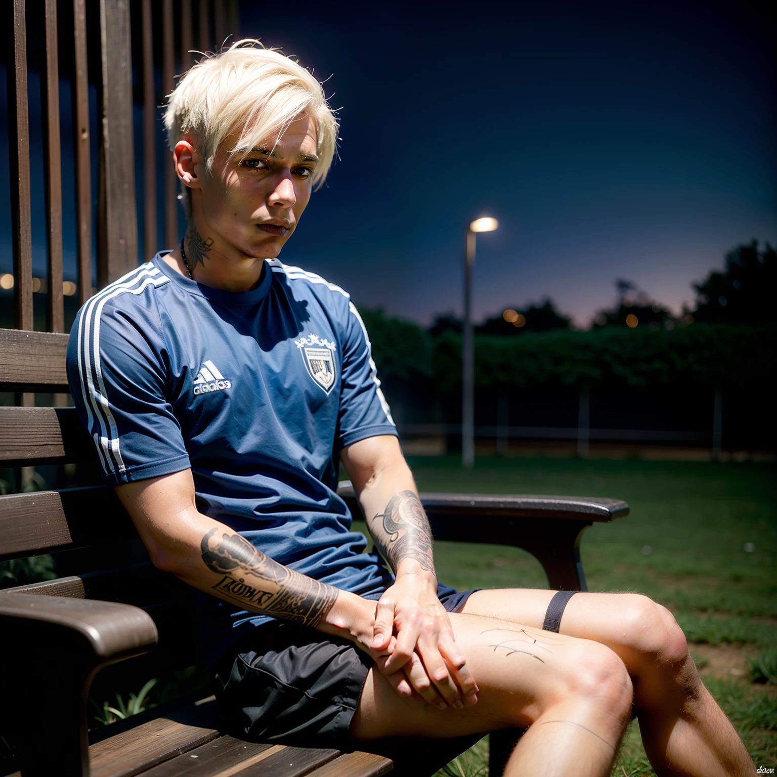 Homem Soccer Player Platinum hair with tattoos, sitting on a bench, in the field at night, blue club shirt