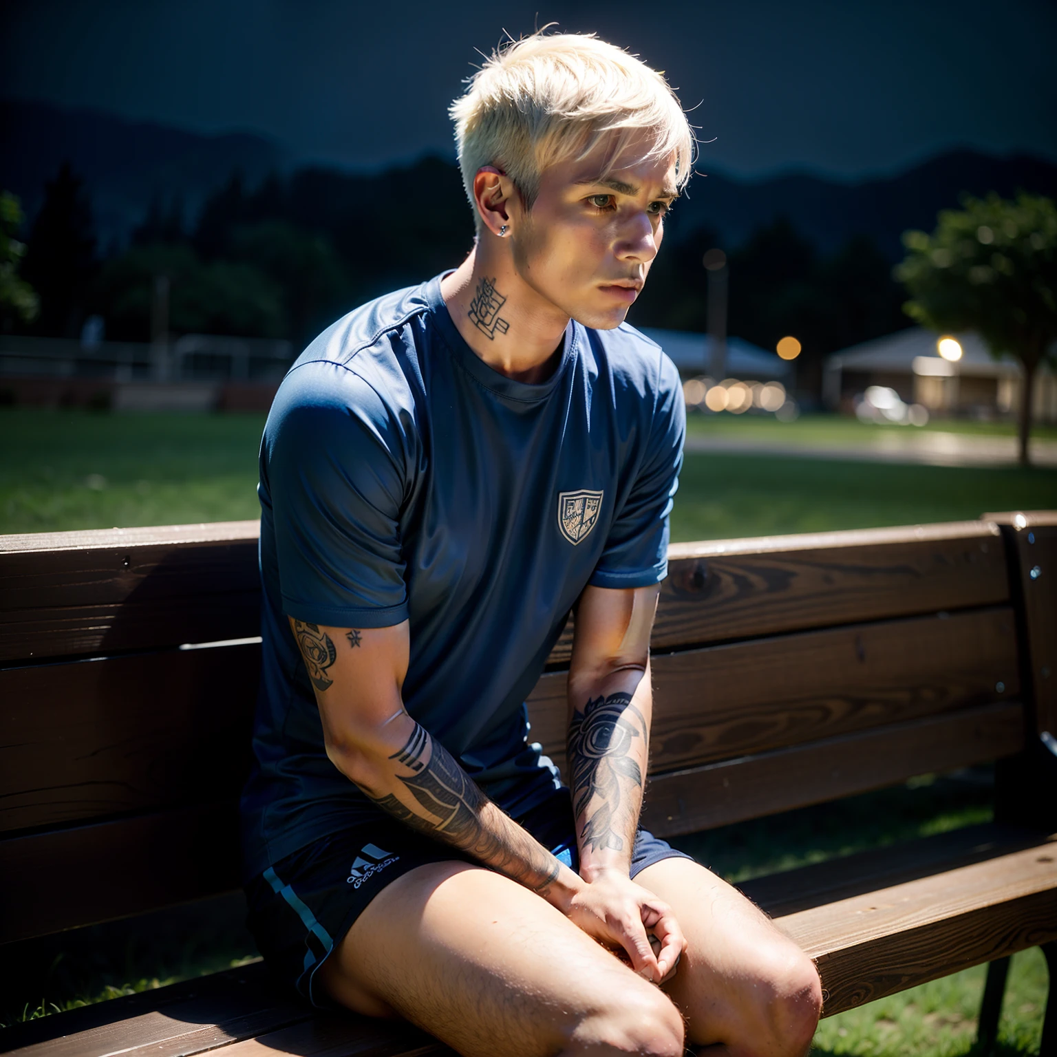 Homem Soccer Player Platinum hair with tattoos, sitting on a bench, in the field at night, blue club shirt