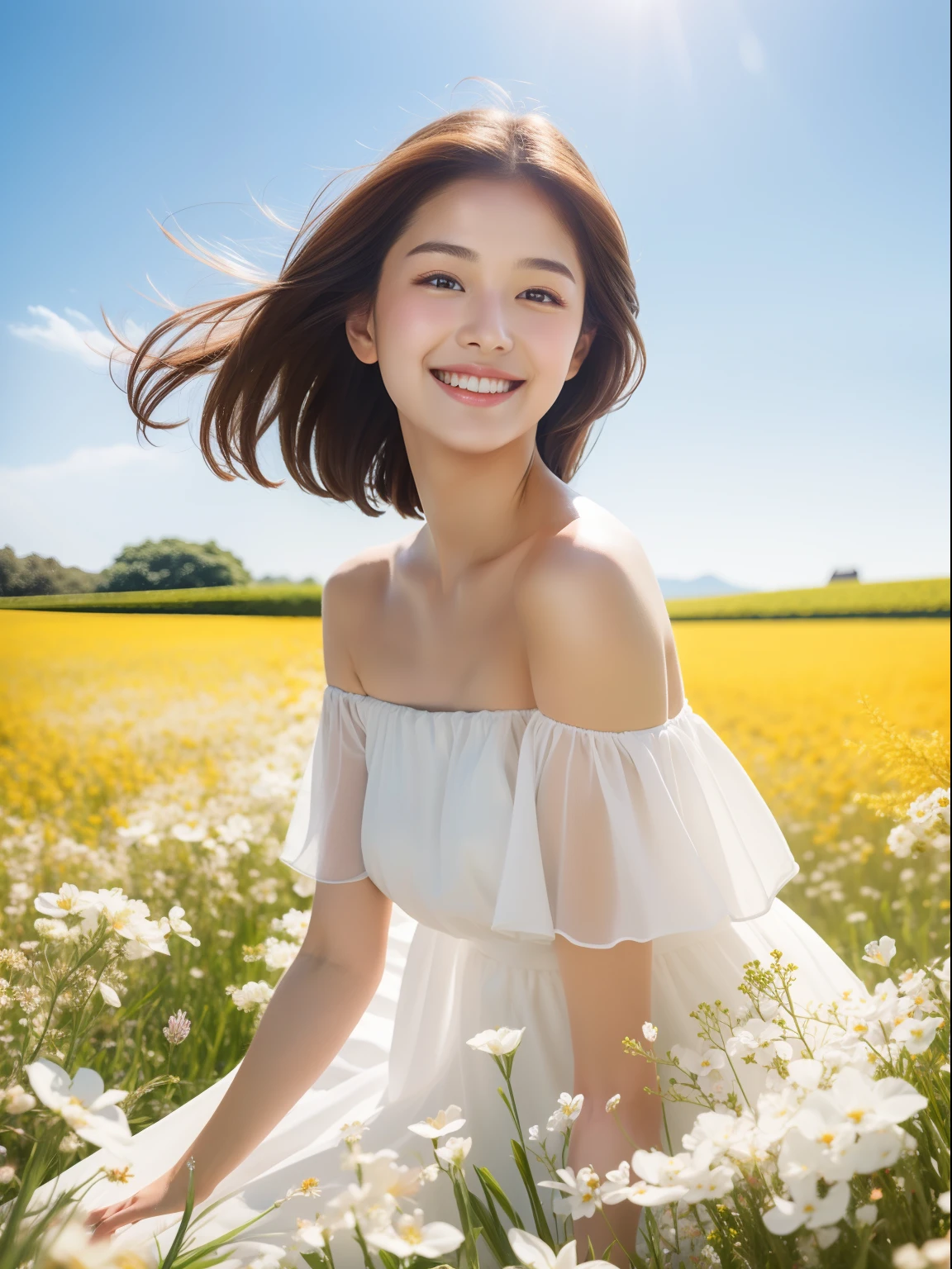 Best quality, masterpiece, ultra high res, (photorealistic:1.4), raw photo, 1girl, white dress, off shoulder, blossom flower field, glowing skin, light smile