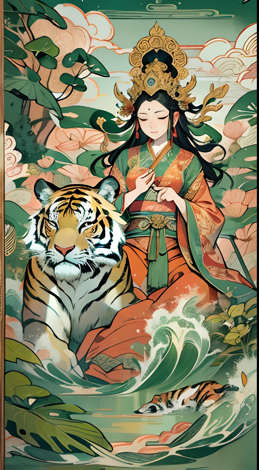 an ancient Chinese goddess, guanyin of the southern seas, Guanyin, Inspired by India, Avalokiteshvara rides a tiger,,Serene expression,shui mo hua,Buddha,Buddhist,Lotus,Chinese painting style,Thangka style