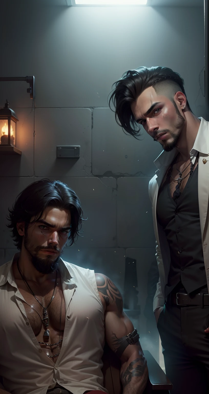 Change this guys into ganster, change the background in dark ,guns,fair skin, right guy should beardless