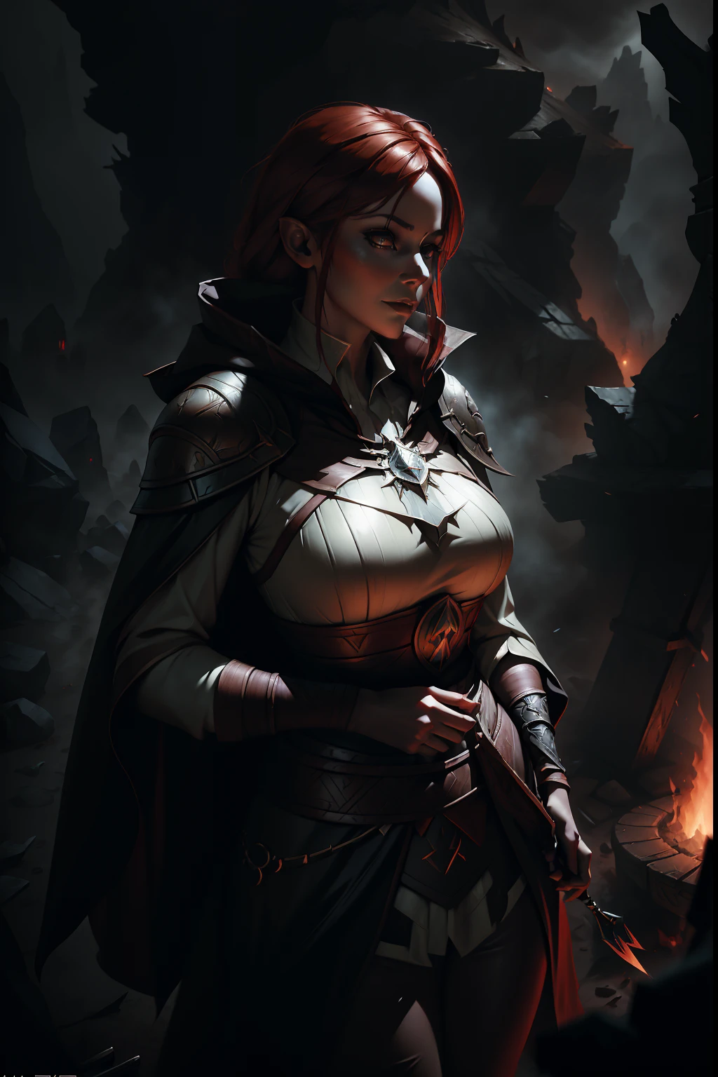 Elf, cloak, stunning character art, epic exquisite character art, alexandra fomina artstation, Artstation contest winner, Amazing 8K character concept art, female redhead templar, wojtek fus, dark fantasy style art, character splash art, epic fantasy digital art style, Concept art of "The Witcher", Triss Merigold
