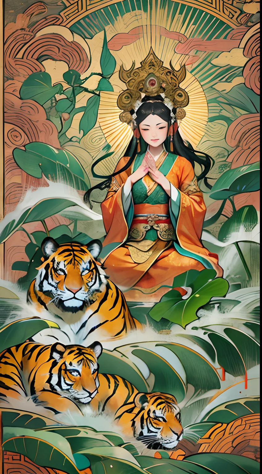 an ancient Chinese goddess, guanyin of the southern seas, Guanyin, Inspired by India, Avalokiteshvara rides a tiger,,Serene expression,shui mo hua,Buddha,Buddhist,Lotus,Chinese painting style,Thangka style