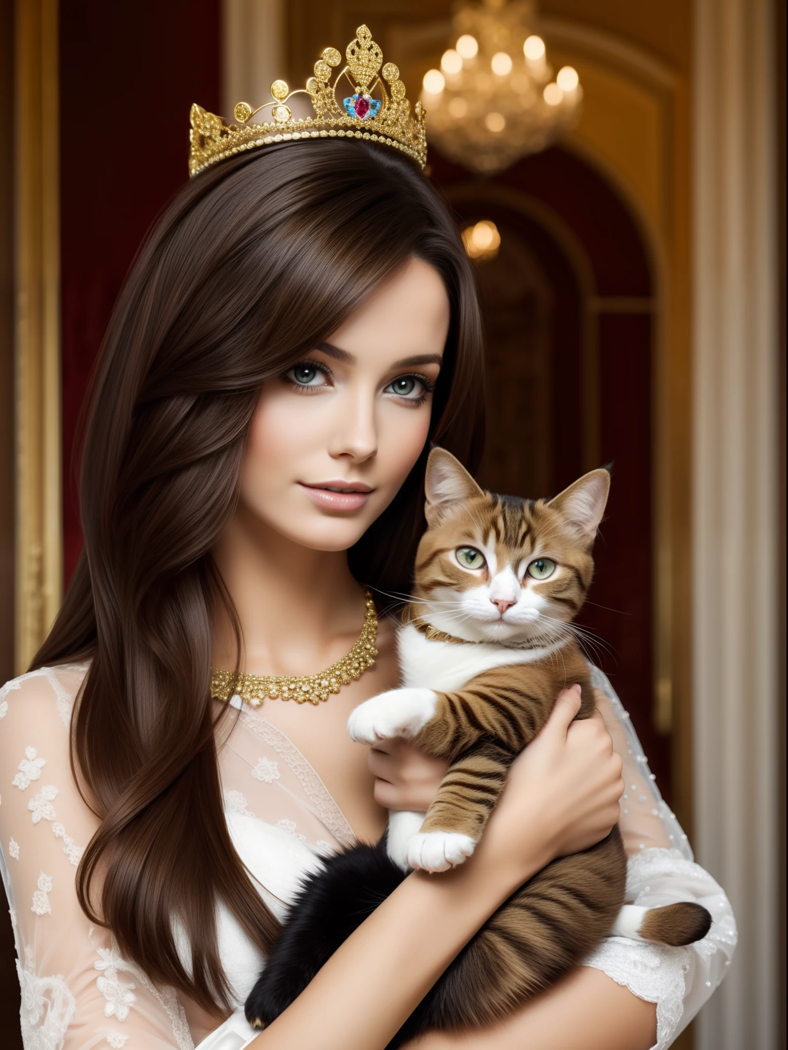 A beautiful woman, brunette hair, dressing like a queen, holding a cat on her hand