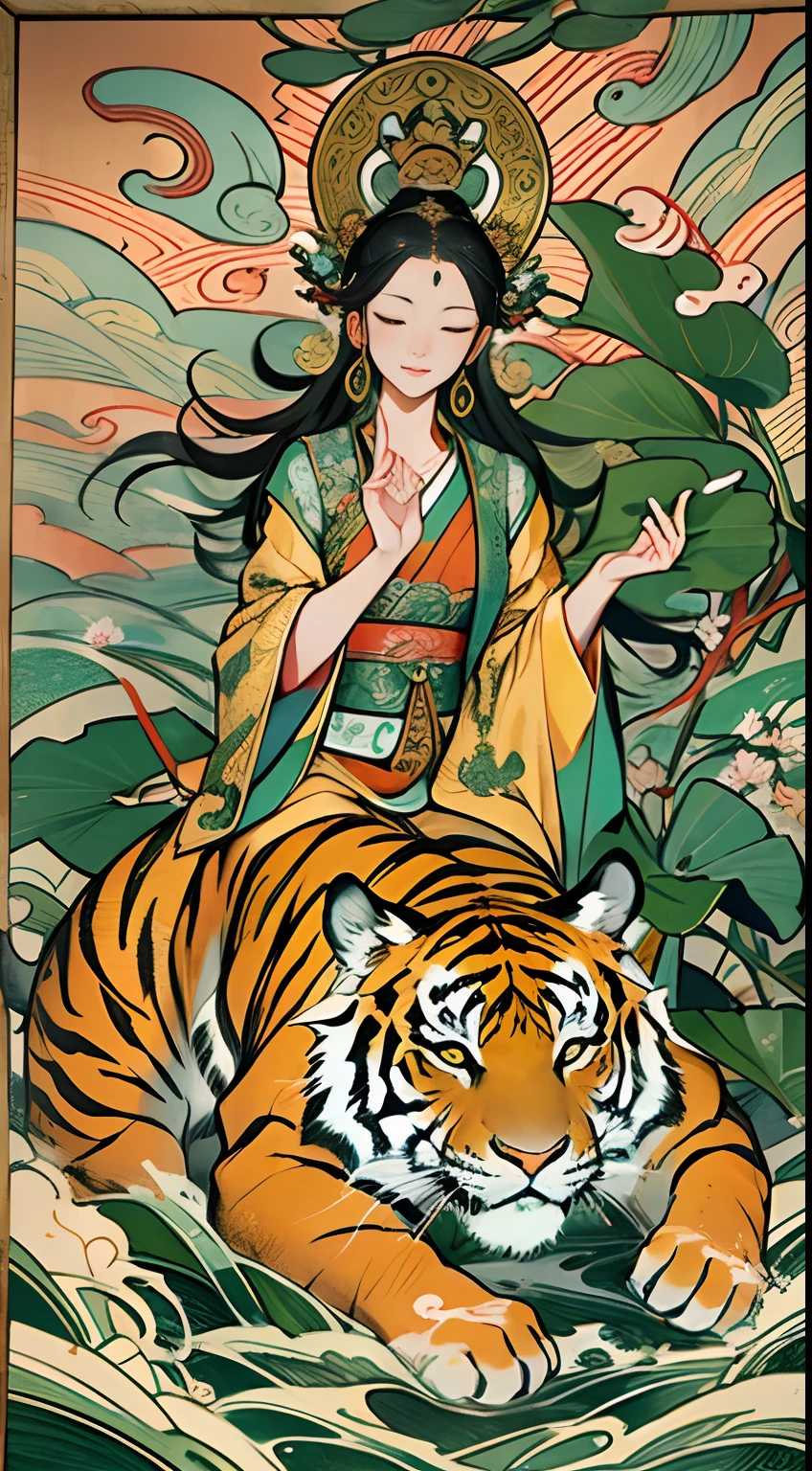 an ancient Chinese goddess, guanyin of the southern seas, Guanyin, Inspired by India, Avalokiteshvara rides a tiger，,Serene expression,shui mo hua,Buddha,Buddhist,Lotus,Chinese painting style,Thangka style