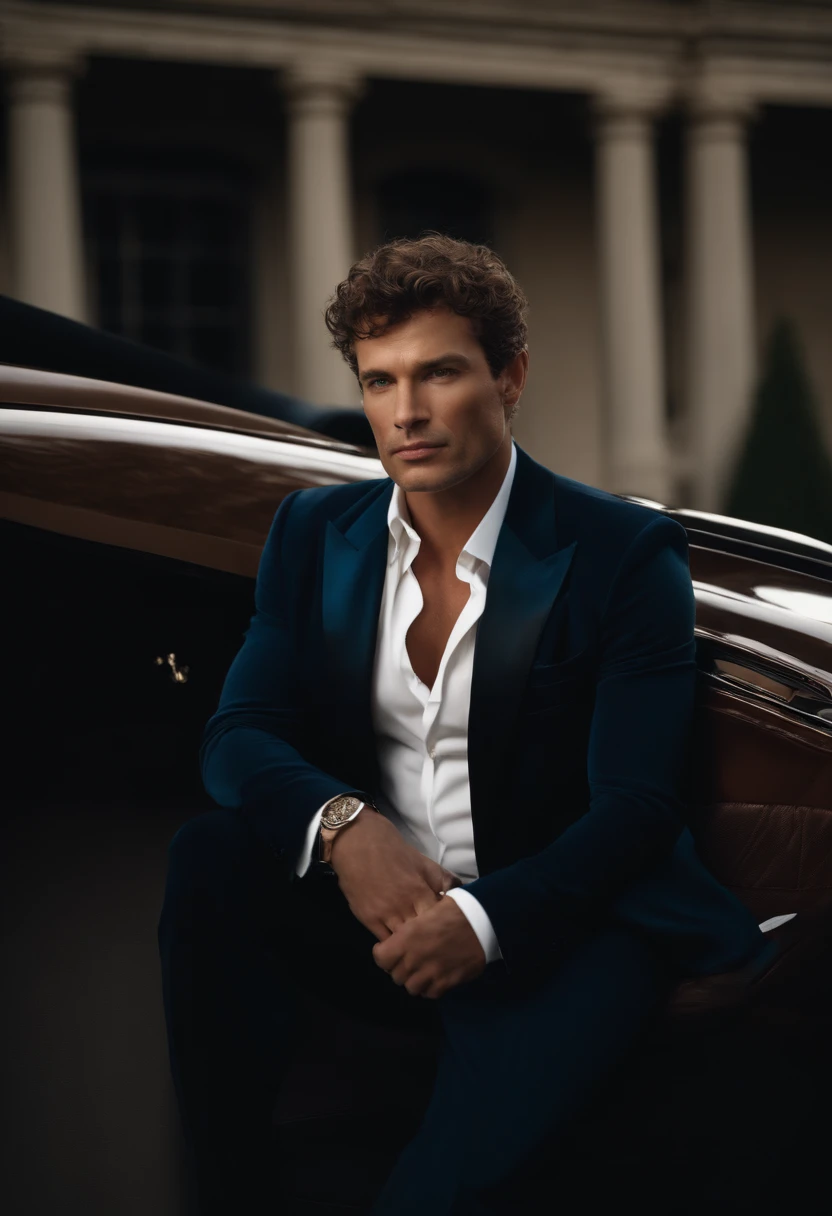 corps entier, wide-angle photo close-up portrait of the body of a handsome man , Grand et en forme, (40 ans:1.1), (shaven:1.2) , (very short brown hair and a little curly:1.5),(very short hair:1.6). (Tight suit in dark blue velvet:1.3). (posing outside the mansion with a luxury car:1.1),Cold and dark sunset at dusk, (Edge Light:1.1),(Concentrez-vous sur les yeux), (Regard fier), (hard light on the skin:1.2), (ombres dures, dark themed, Contraste profond:1.1), (photographie de portrait par Annie Liebovitz), Dark mint theme and choral aesthetics, (skin imperfections)