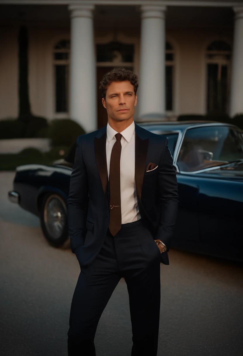 corps entier, wide-angle photo close-up portrait of the body of a handsome man , Grand et en forme, (40 ans:1.1), (shaven:1.2) , (very short brown hair and a little curly:1.5),(very short hair:1.6). (Tight suit in dark blue velvet:1.3). (posing outside the mansion with a luxury car:1.1),Cold and dark sunset at dusk, (Edge Light:1.1),(Concentrez-vous sur les yeux), (Regard fier), (hard light on the skin:1.2), (ombres dures, dark themed, Contraste profond:1.1), (photographie de portrait par Annie Liebovitz), Dark mint theme and choral aesthetics, (skin imperfections)