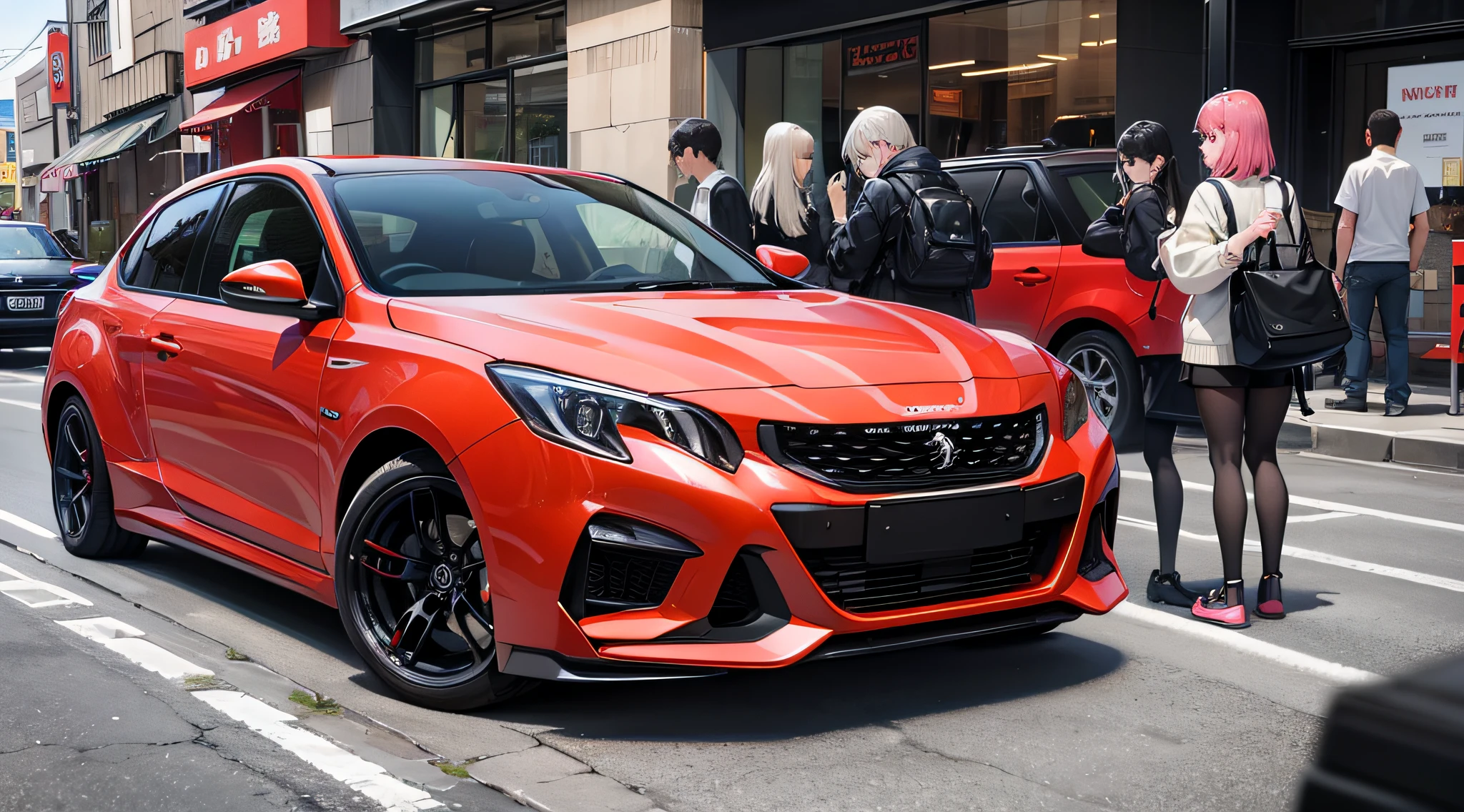 (Best quality)), ((Masterpiece)), (highly detailed: 1.3), Peugeot black with a white n'éffet with black rims BBS lowered 4 inch avce a carbon ailront and pink neon with a mixture of red in Japan on mountain road initial style D with an AE86 that follows it dérriére and also a Manifique 206 and a Manifique 208 --auto