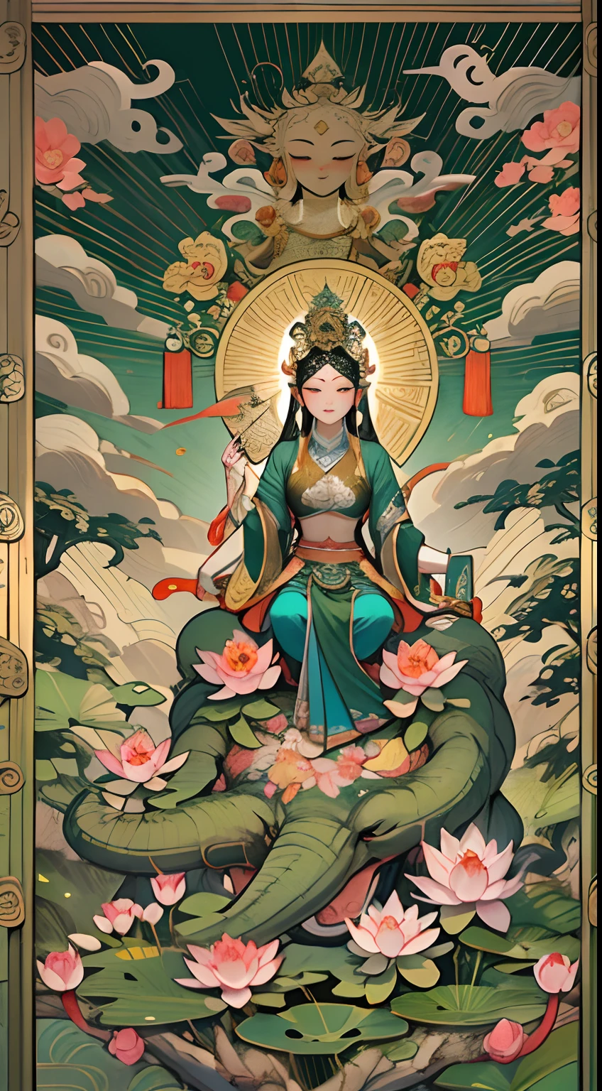an ancient Chinese goddess, guanyin of the southern seas, Guanyin, Inspired by India, Avalokiteshvara rides an elephant,,Serene expression,shui mo hua,Buddha,Buddhist,Lotus,Chinese painting style,Thangka style