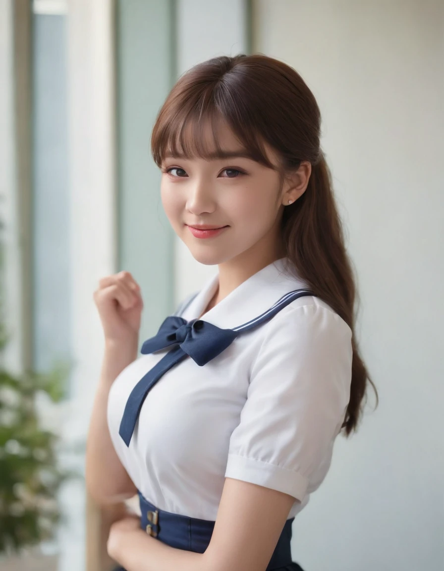 Bigchest、big assa、White short sleeve sailor uniform、Dark blue checked pleated skirt、A smile、Colossal tits、By bangs、A 、Classroom、real looking skin、poneyTail
