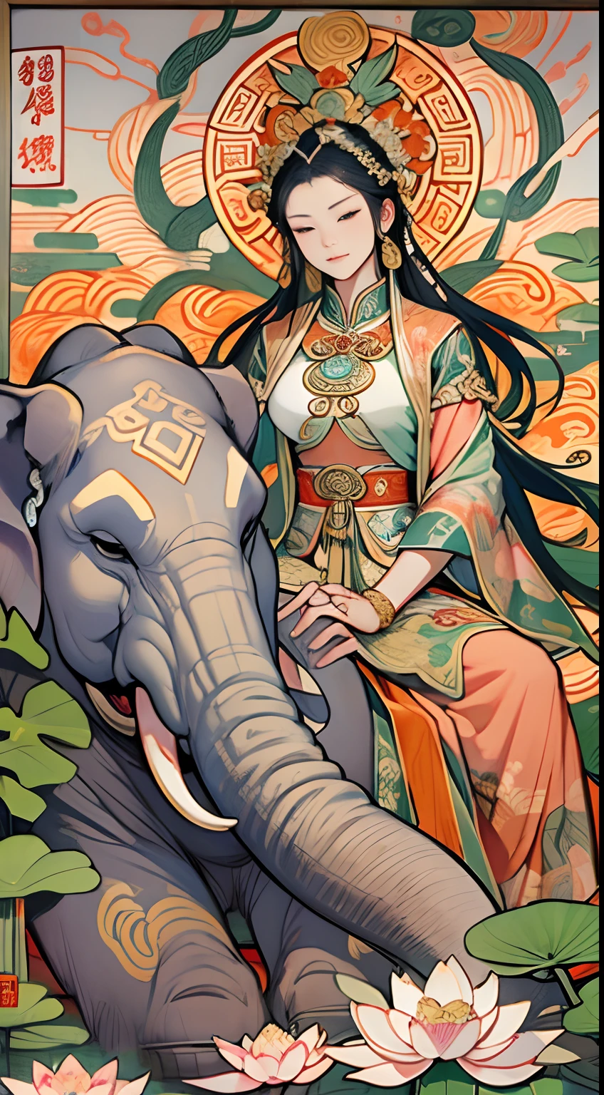 an ancient Chinese goddess, guanyin of the southern seas, Guanyin, Inspired by India, Avalokiteshvara rides an elephant,,Serene expression,shui mo hua,Buddha,Buddhist,Lotus,Chinese painting style,Thangka style