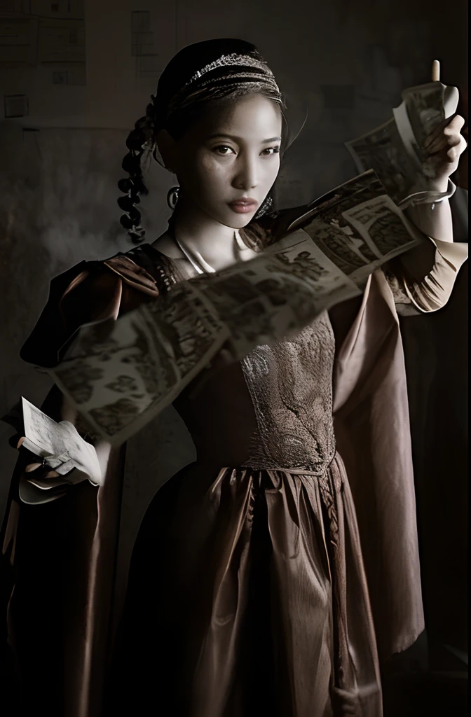 Beautiful arafed woman in a brown dress holding a map and a knife, Bela Stella Maeve Magician, gorgeous stella maeve magician, em alto estilo renascentista, maga feminina de fantasia sombria, [ Tarot card ]!!!!!, Maga Feminina, alta moda medieval, tarot cards!!, Chie Yoshii, em estilo renascentista, Mahira Khan como um D&assistente d, medieval!! Realismo, renderizado, Alto contraste, digital art photographyrealistic trend in Artstation 8k HD high definition detailed realistic,  detalhado, textura da pele, hiper detalhado, textura de pele realista, armadura, melhor qualidade, ultra high-resolution, (fotografiarrealista: 1.4), alta resolução, detalhado, Calado bruto, sharp re, por lee jeffries Nikon D850 Filme Fotografia de Stock 4 Kodak Portra 400 Lente F1.6 Rich Colors Realistic Texture Dramatic Texture Dramatic Lighting Irrealengine Trend on Artstation Cinestill 800